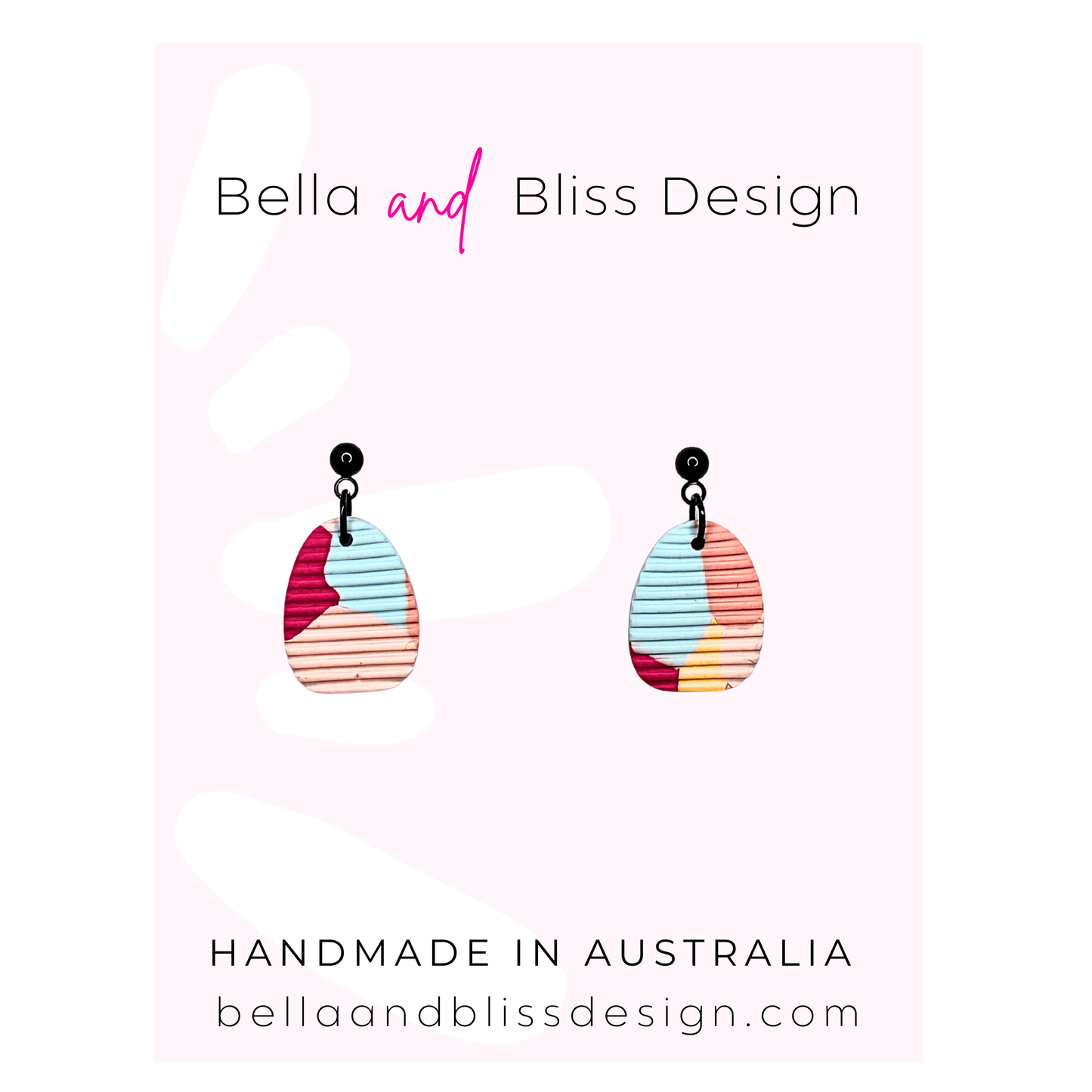 Colorful earrings with 'Bella and Bliss Design' branding on a pink gradient background.