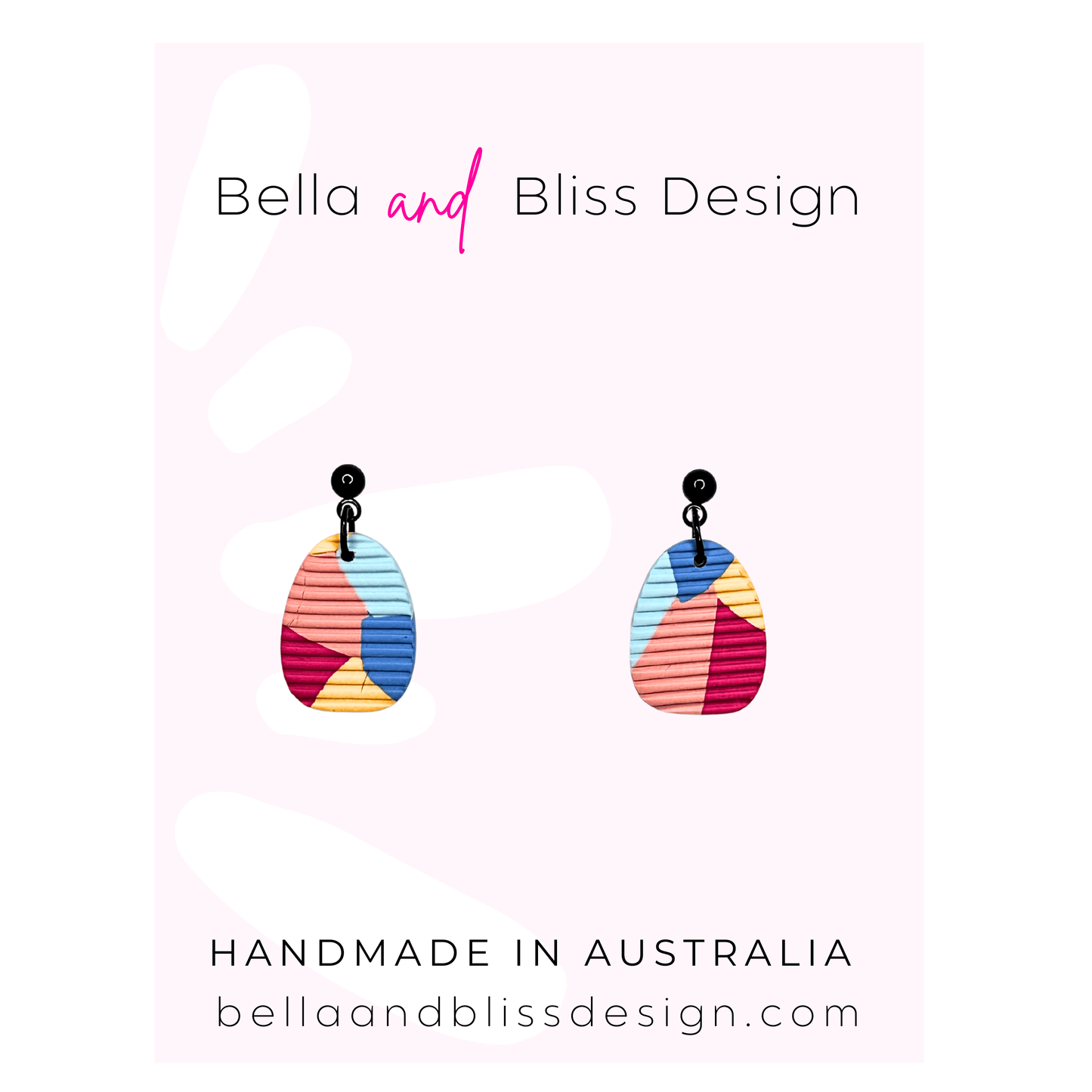 Colorful earrings with 'Bella and Bliss Design' branding on a pink gradient background.