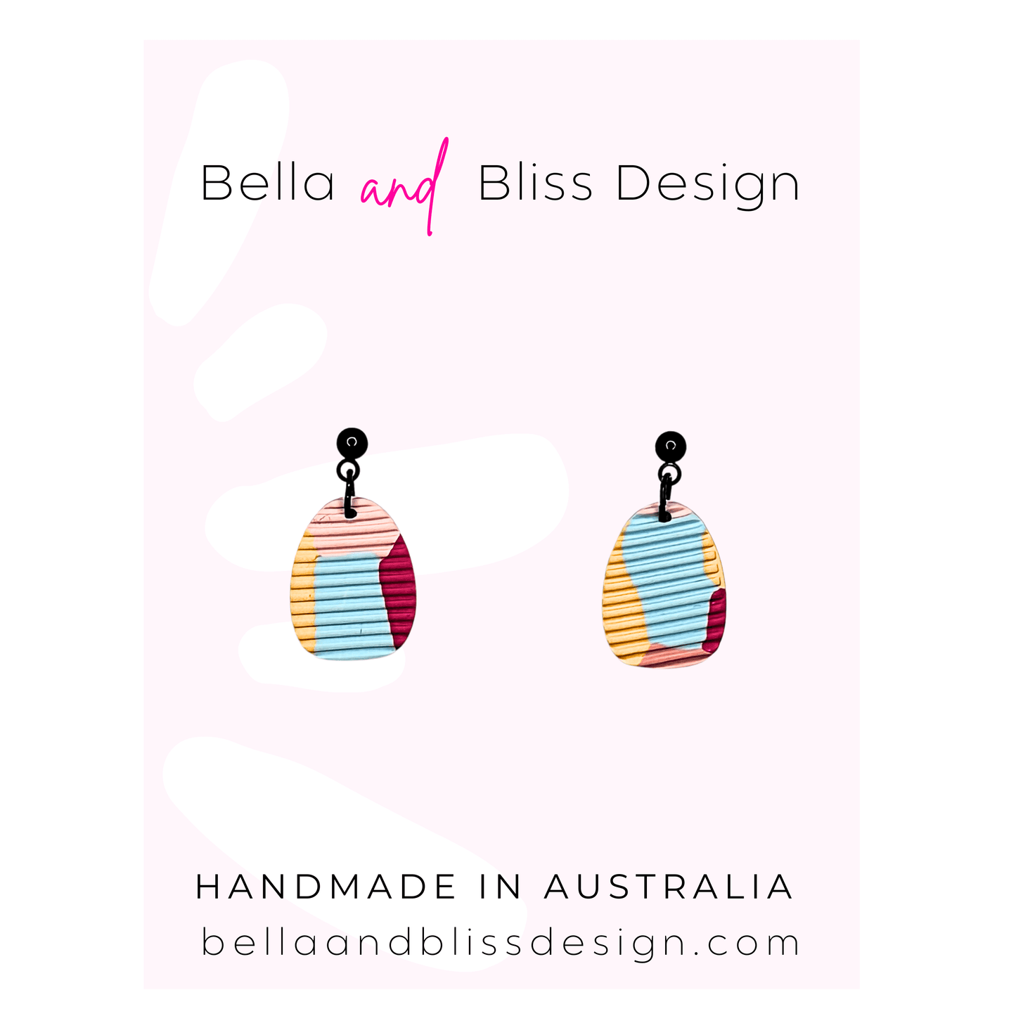 Colorful earrings on a pink background with 'Bella and Bliss Design' branding.