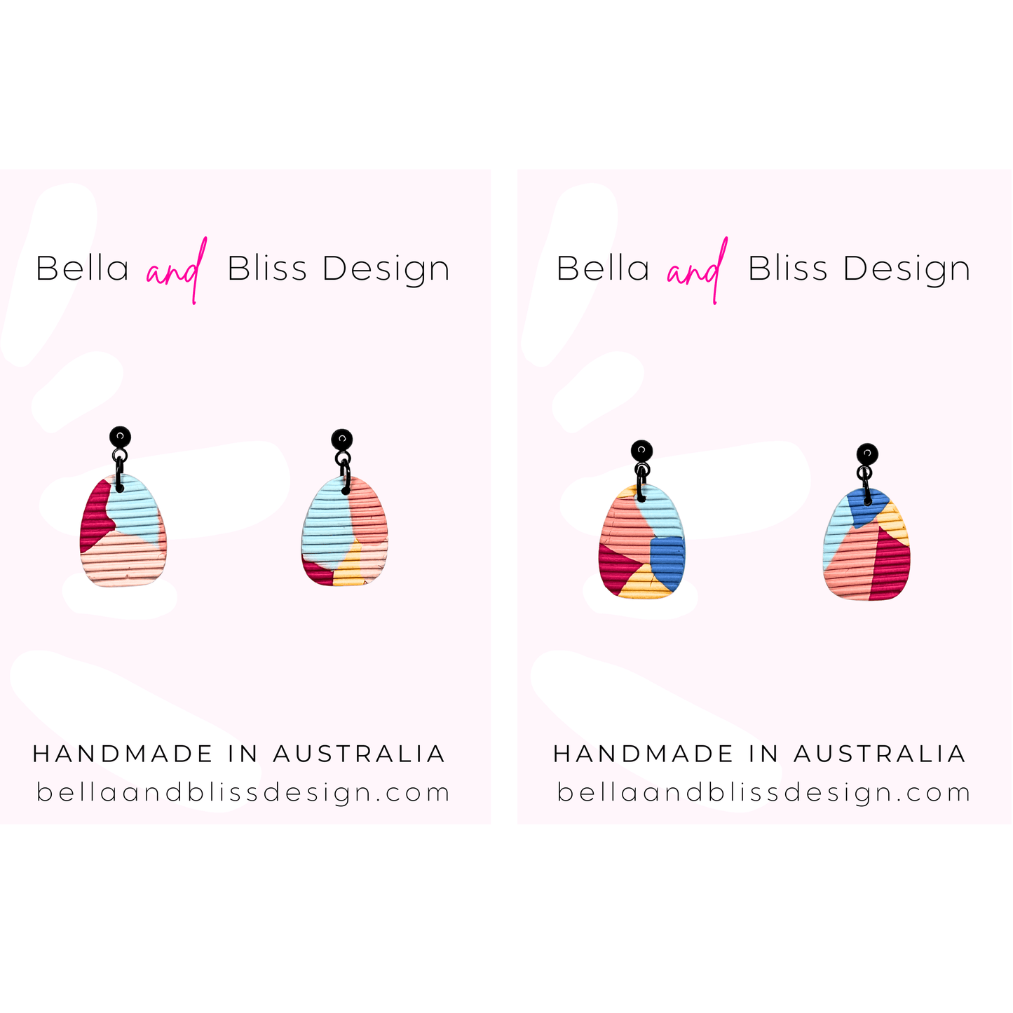 Colorful earrings with 'Bella and Bliss Design' branding on a white background.