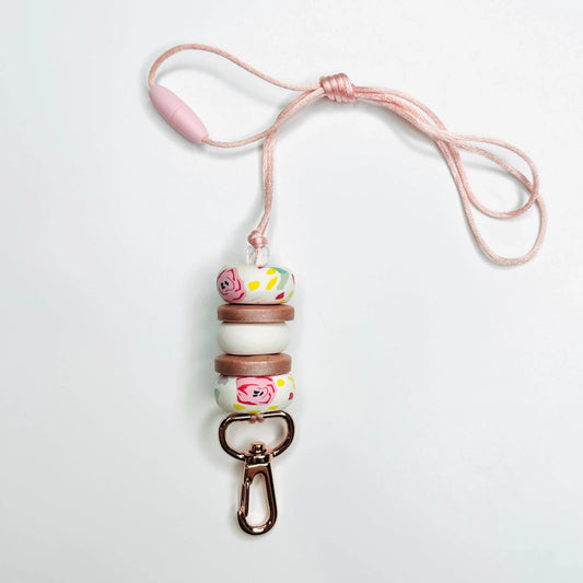 No. 5 // Ethereal Blossom // Clay Bead Lanyard // Floral, White and Rose Gold