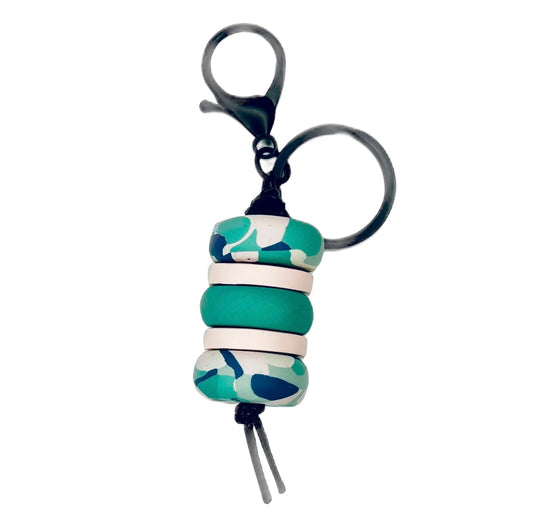 No. 1 // Meadow Green // Clay Bead Keyring // Green, Deep Blue and Pale Pink