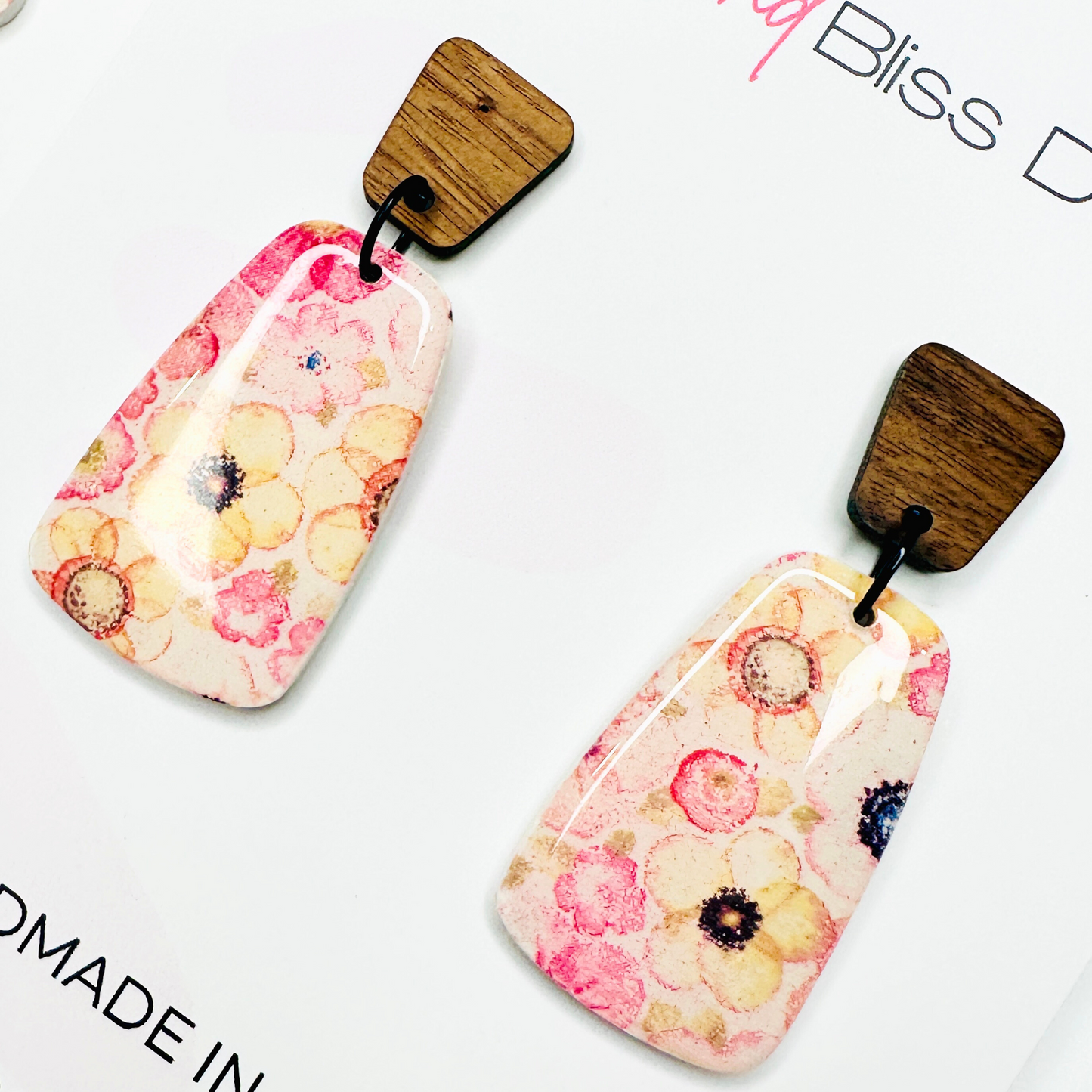 Raine // Retro Floral // Clay Dangle Earrings // Walnut top, Pink and Yellow Flowers