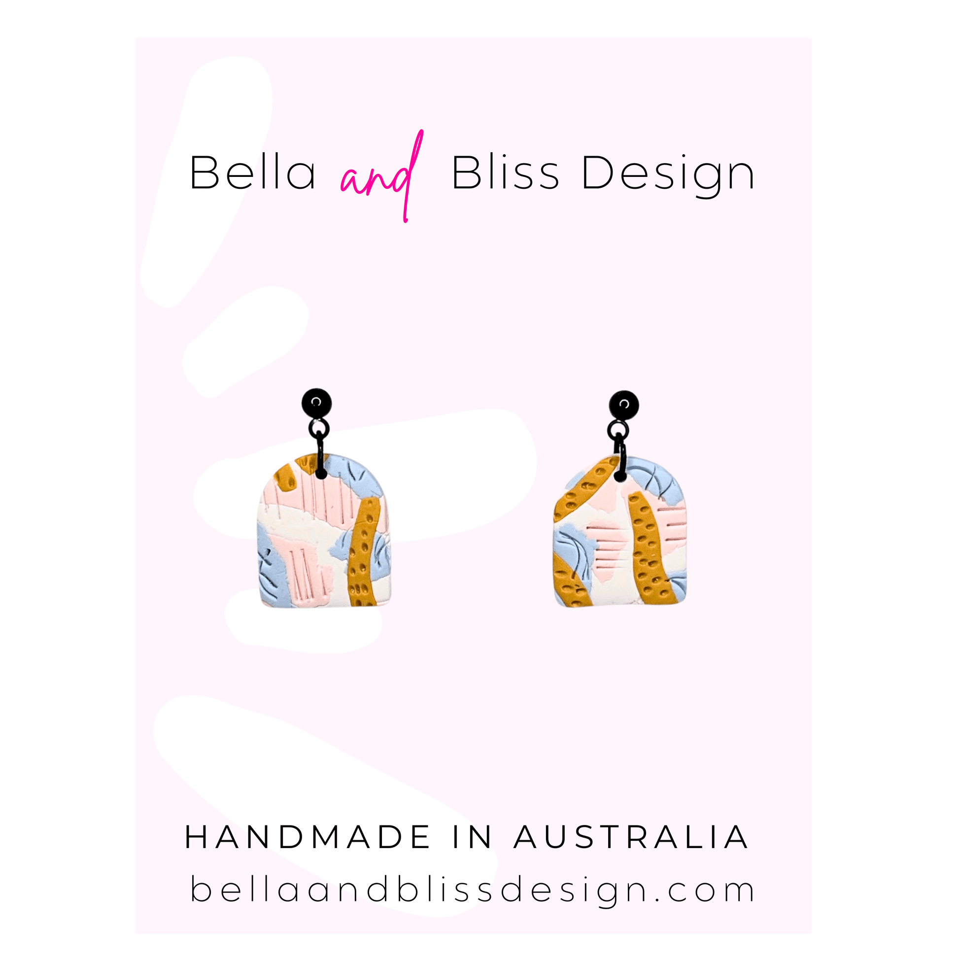 Pair of earrings with colorful design on a pink background with 'Bella and Bliss Design' branding.