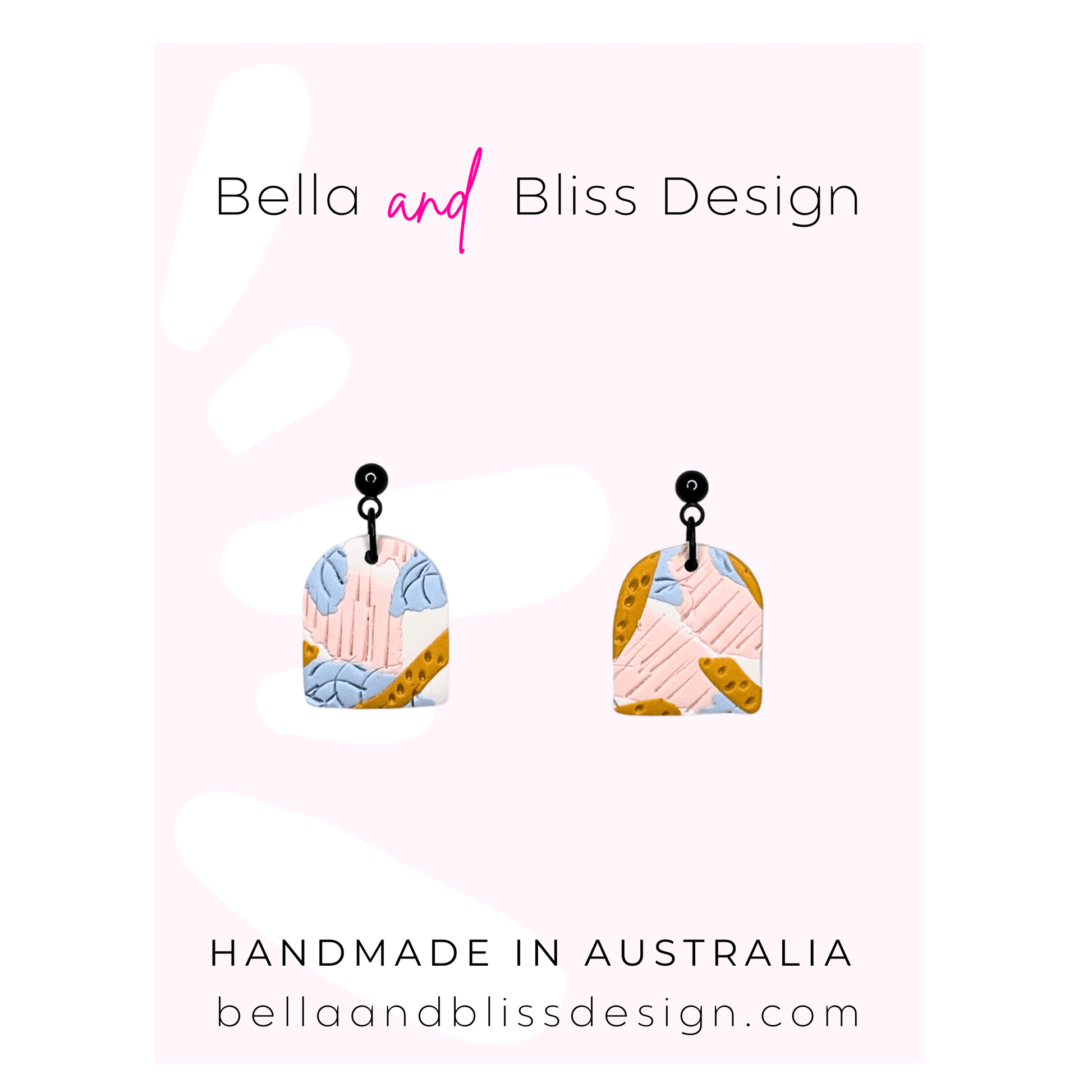 Colorful geometric earrings on a pink background with 'Bella and Bliss Design' branding.