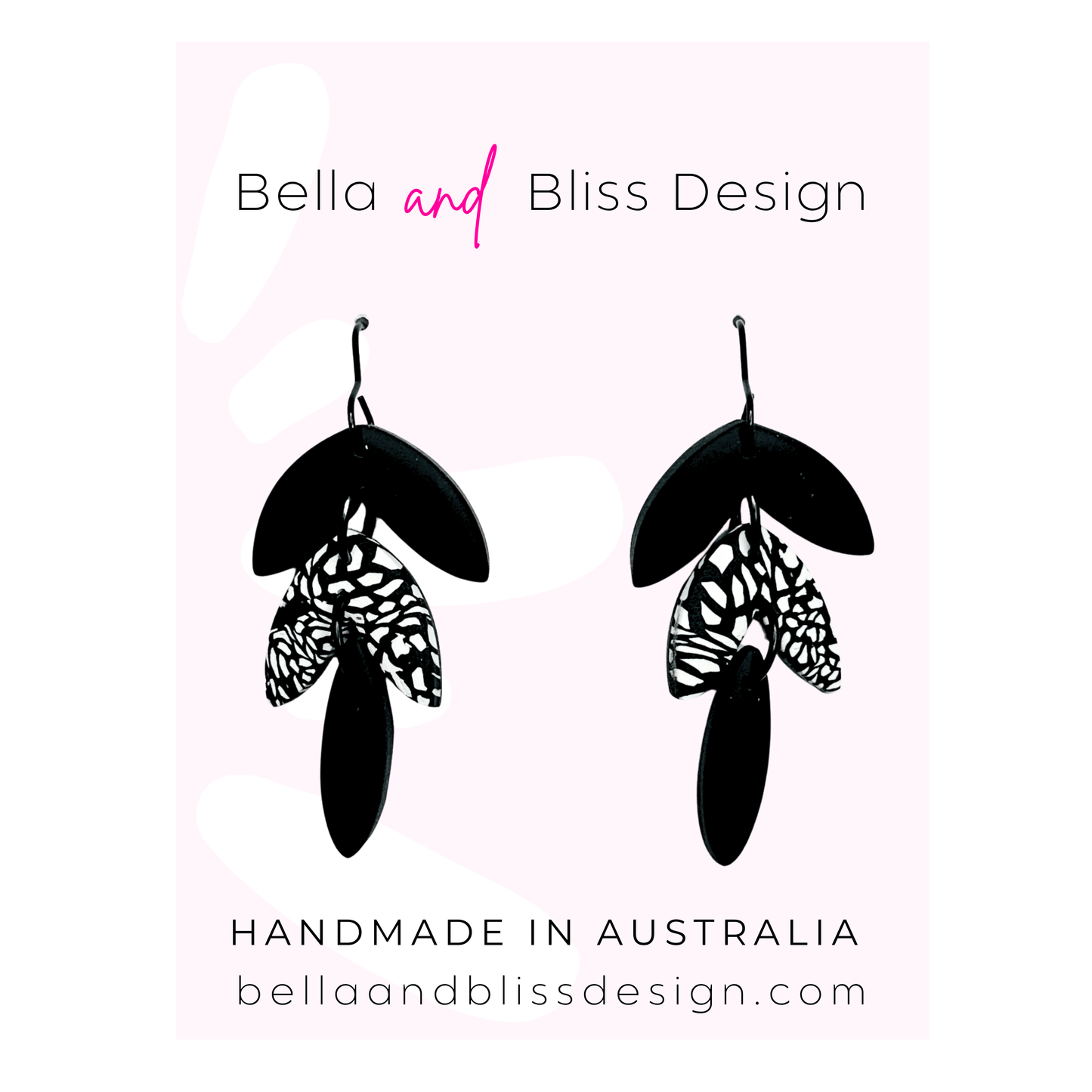 Butterfly-themed earrings with 'Bella and Bliss Design' branding on a light pink background.