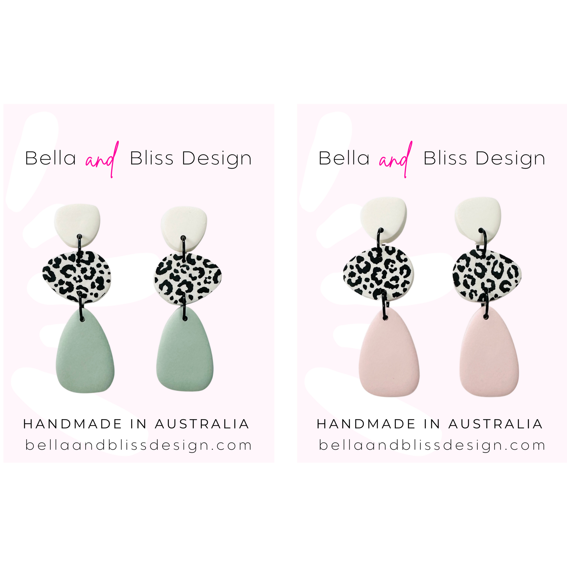 Pair of earrings with leopard print details on a white background, branded as Bella and Bliss Design.