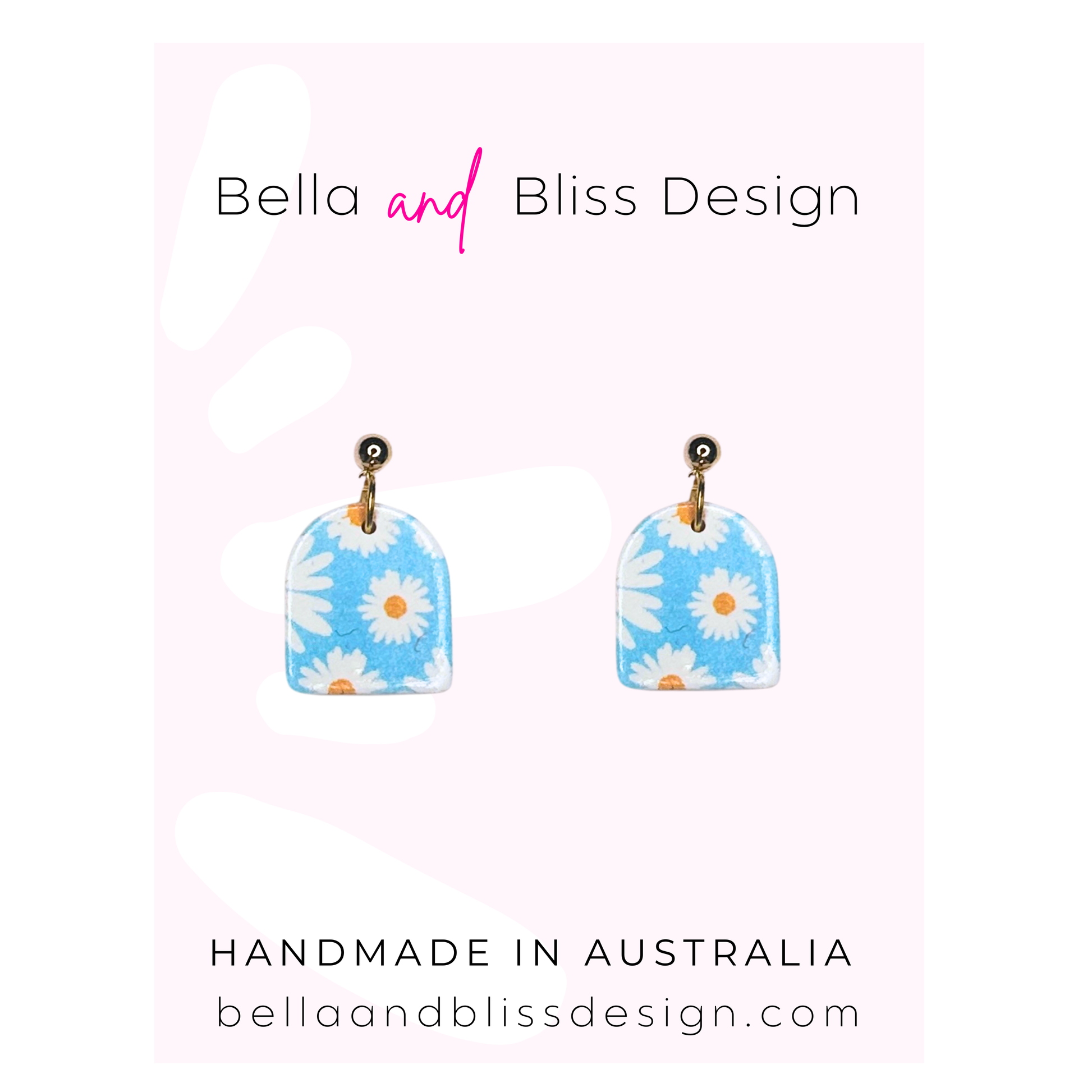 Colorful earring designs on white cards with 'Bella and Bliss Design' branding.