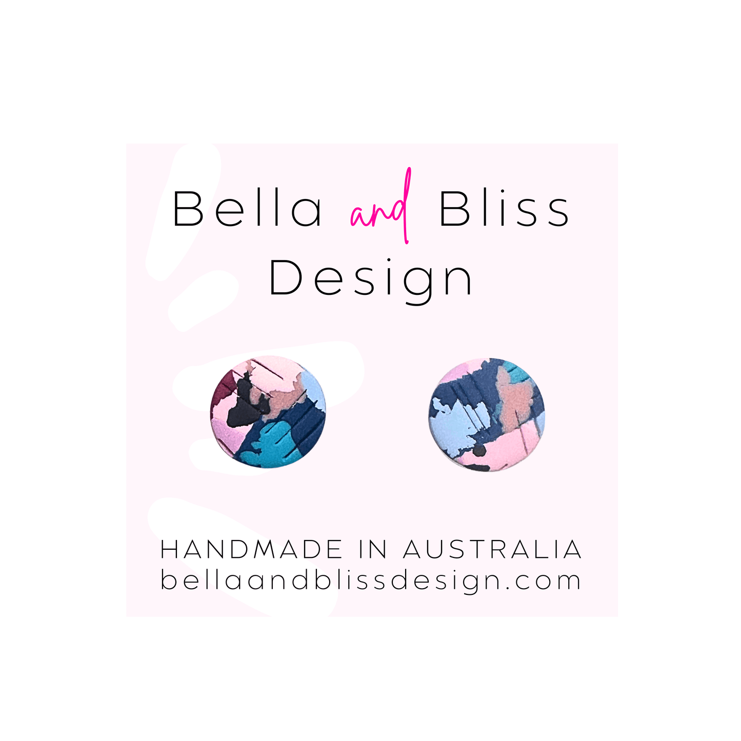 Earrings with colorful design on a light pink background, featuring 'Bella and Bliss Design' branding.