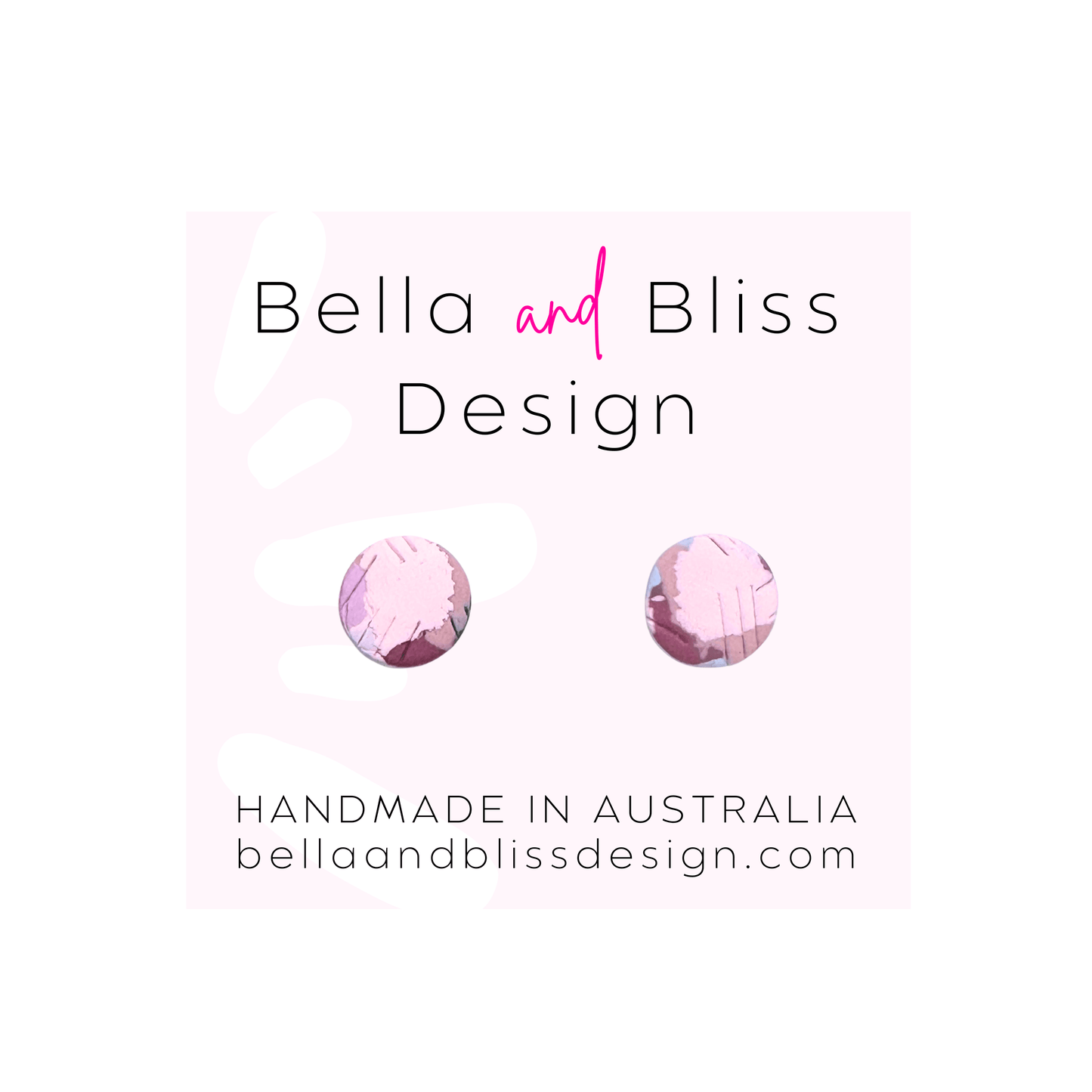 Pink earrings on a white background with 'Bella and Bliss Design' branding.