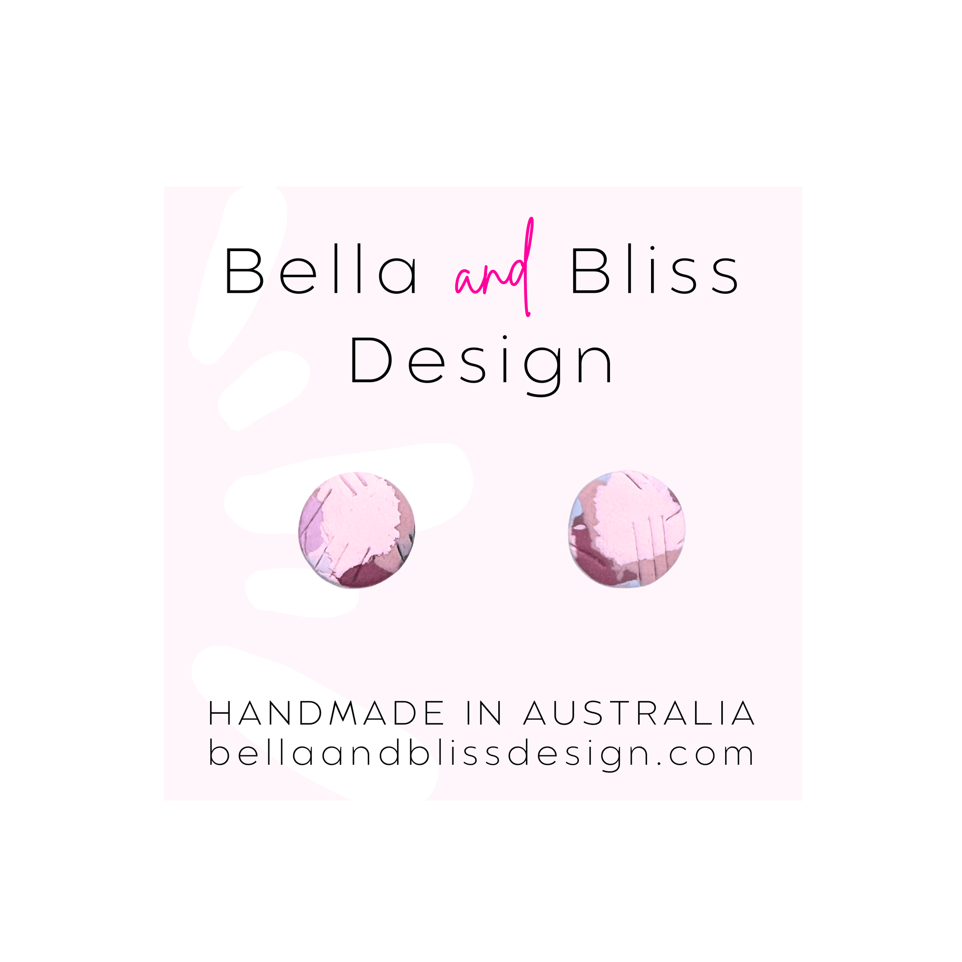 Pink earrings on a white background with 'Bella and Bliss Design' branding.