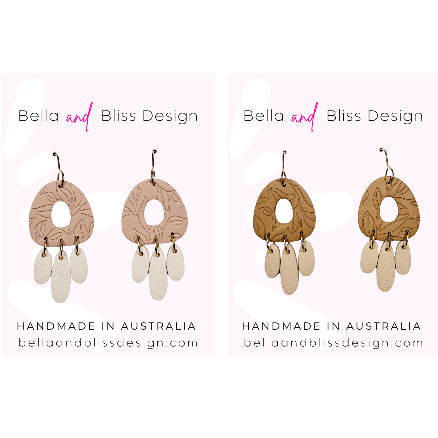 Pair of earrings with wooden and beige elements, branded 'Bella and Bliss Design'.