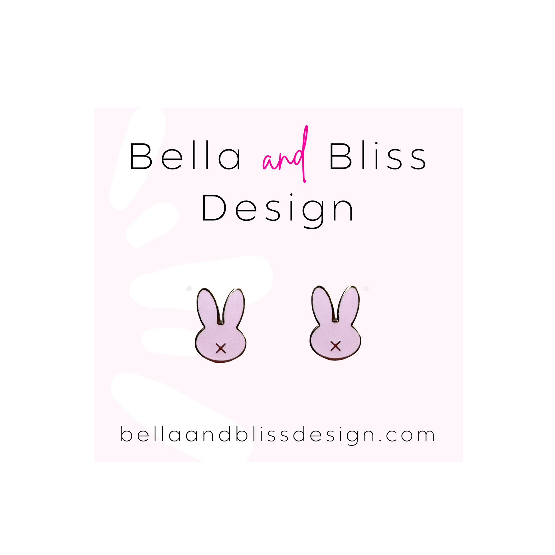 Bella and Bliss Design logo with pink bunny earrings on a gradient background