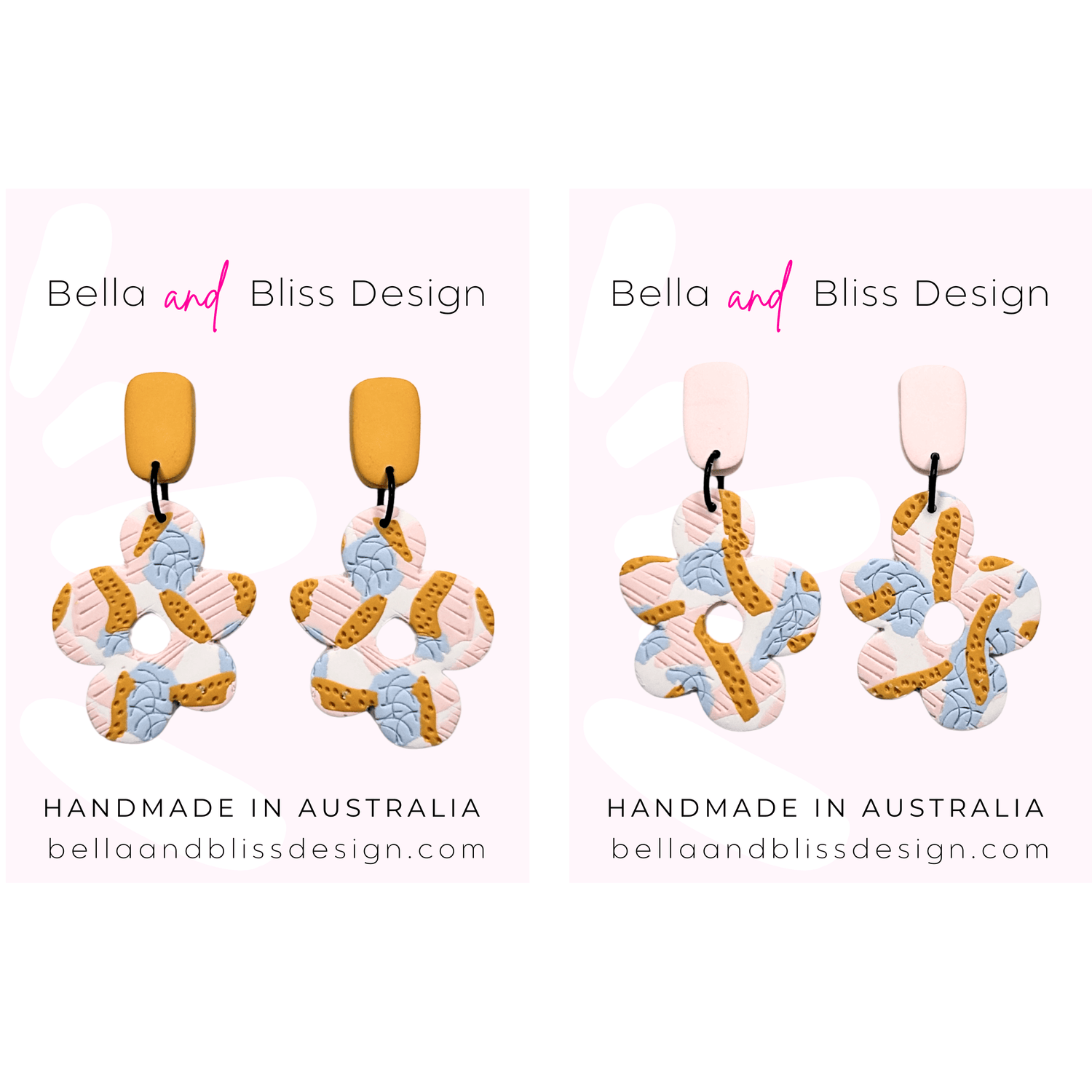 Pair of earrings with floral design on a white background, featuring 'Bella and Bliss Design'.
