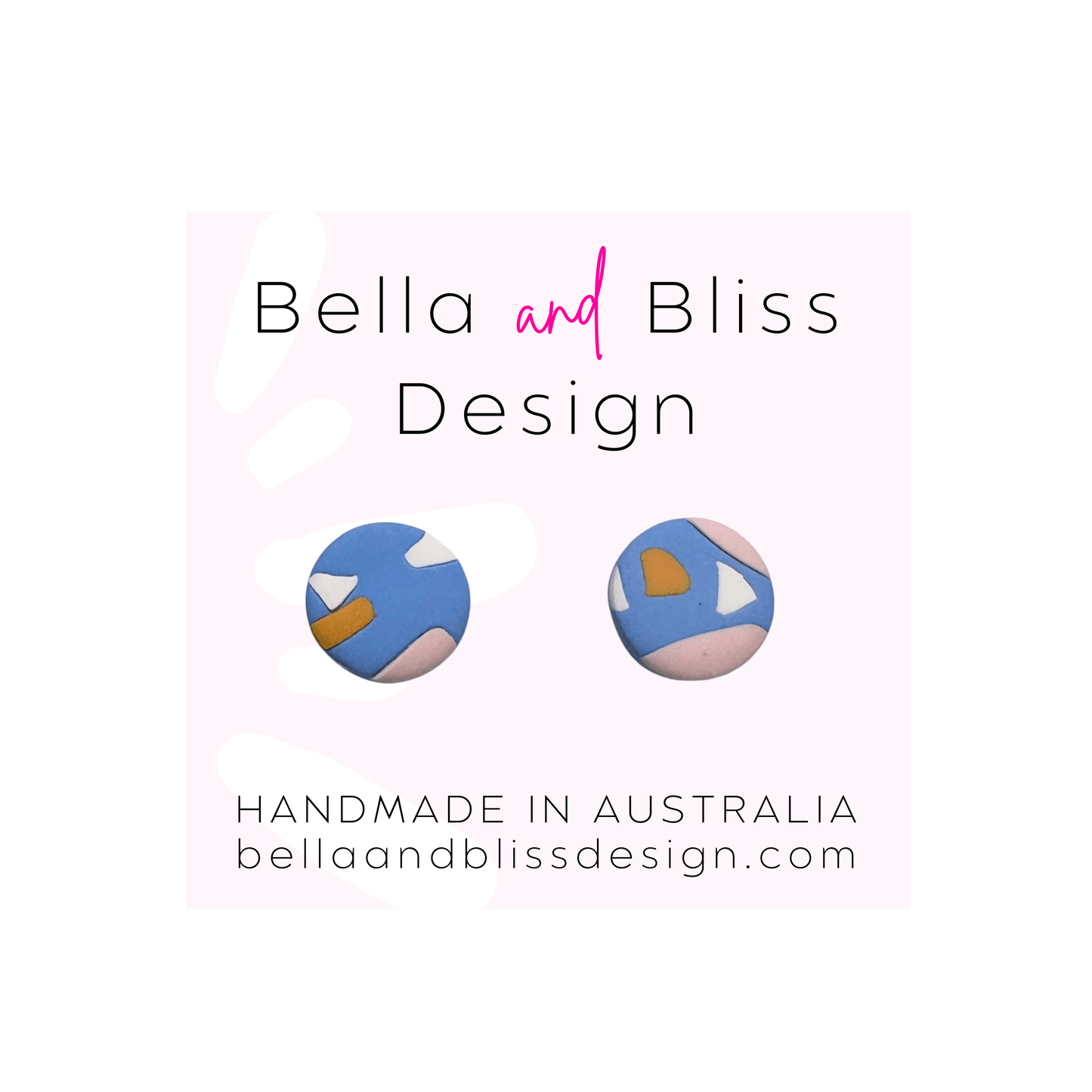 Pair of blue and pink earrings with 'Bella and Bliss Design' branding on a light pink background.