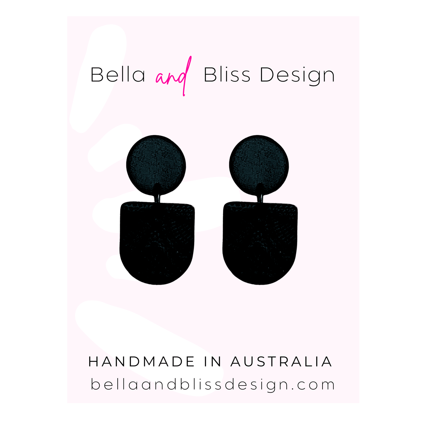 Black earrings on a light pink background with 'Bella and Bliss Design' branding.