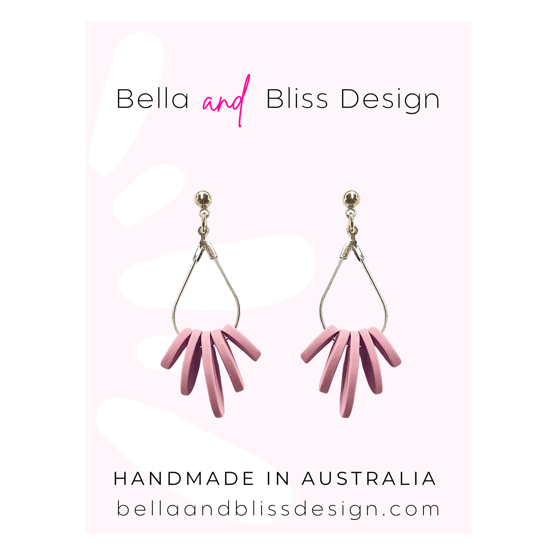 Pink earrings with gold hooks on a light pink background, featuring 'Bella and Bliss Design'.