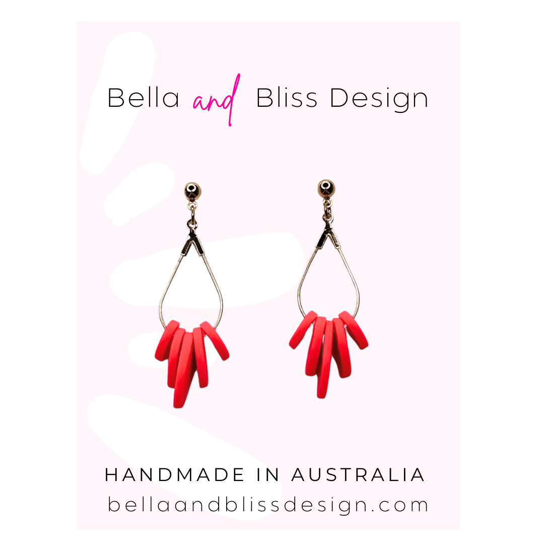 Hot Pink earrings with gold hooks on a light pink background, featuring 'Bella and Bliss Design'.