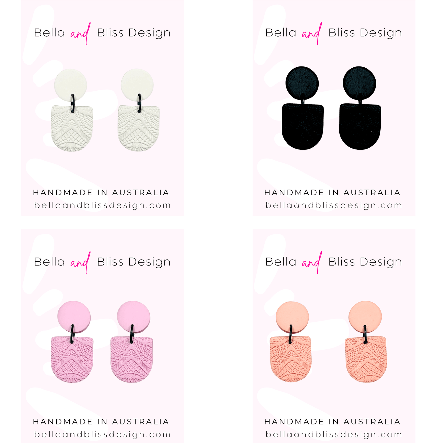 Four pairs of earrings from Bella and Bliss Design with branding and 'Handmade in Australia' text.