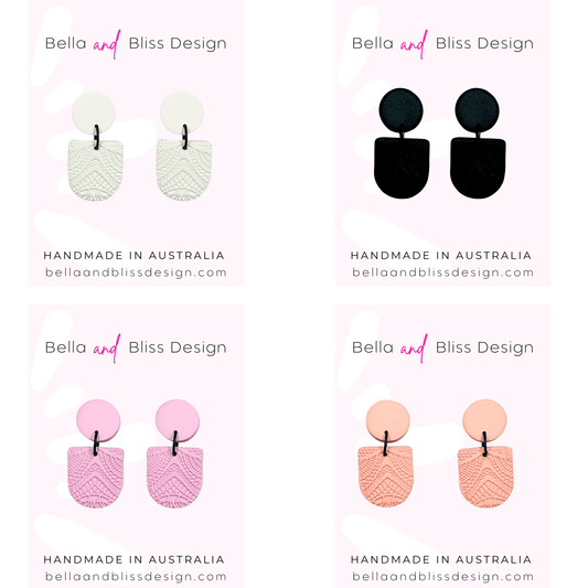Four pairs of earrings from Bella and Bliss Design with branding and 'Handmade in Australia' text.