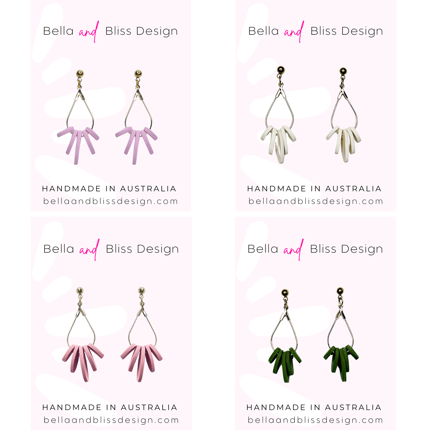 Set of earrings with Bella and Bliss Design branding on a white background
