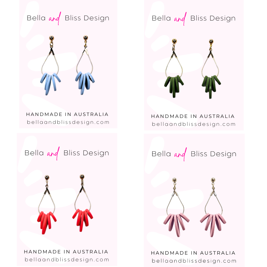 Set of earrings with Bella and Bliss Design branding on a white background