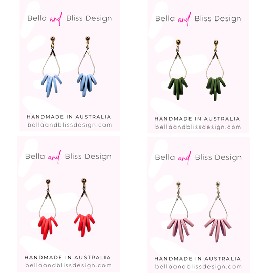 Set of earrings with Bella and Bliss Design branding on a white background