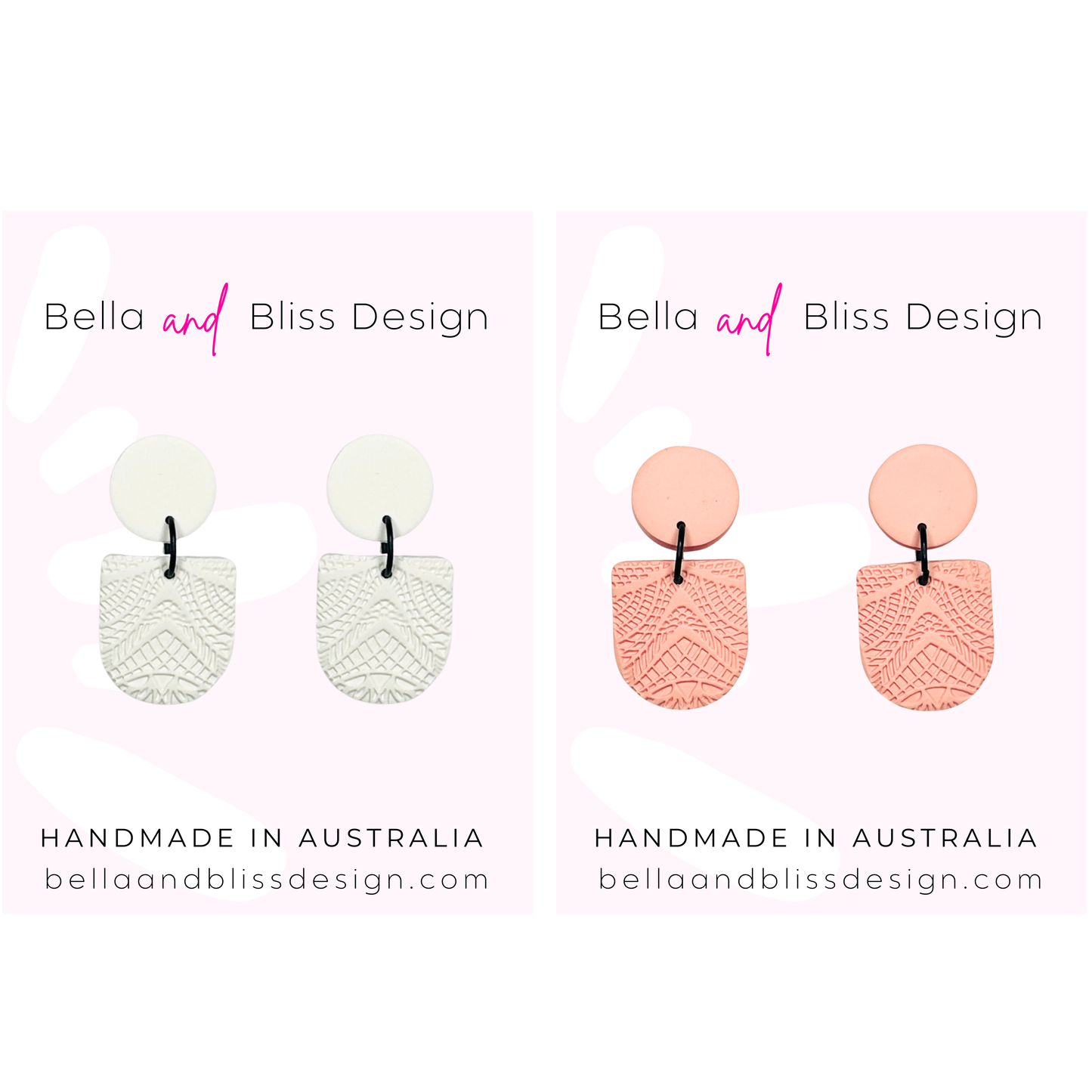 Pair of white textured earrings and pink textured earrings with 'Bella and Bliss Design' branding on a light pink background.