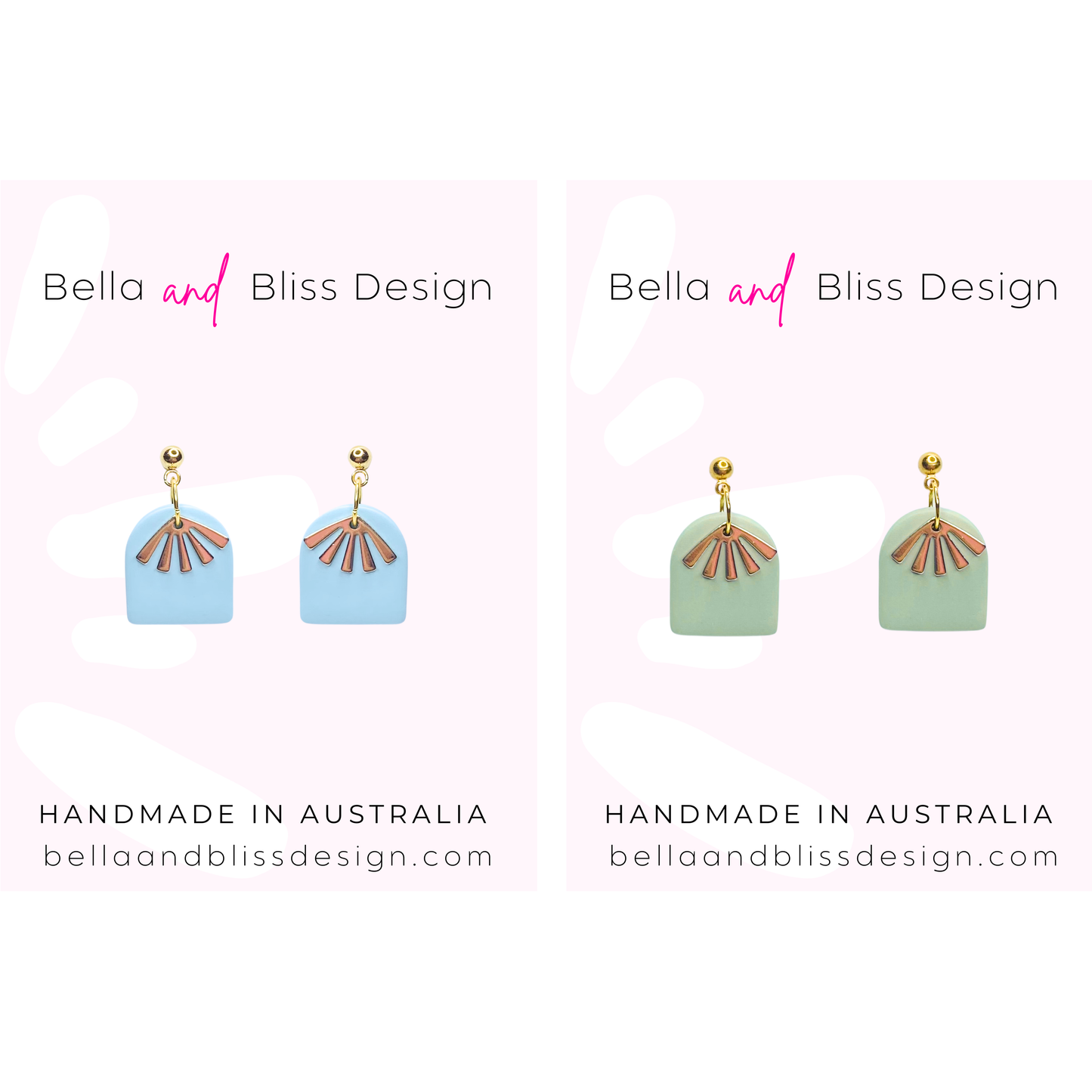 Pair of earrings with geometric design on a white background, branded 'Bella and Bliss Design'.