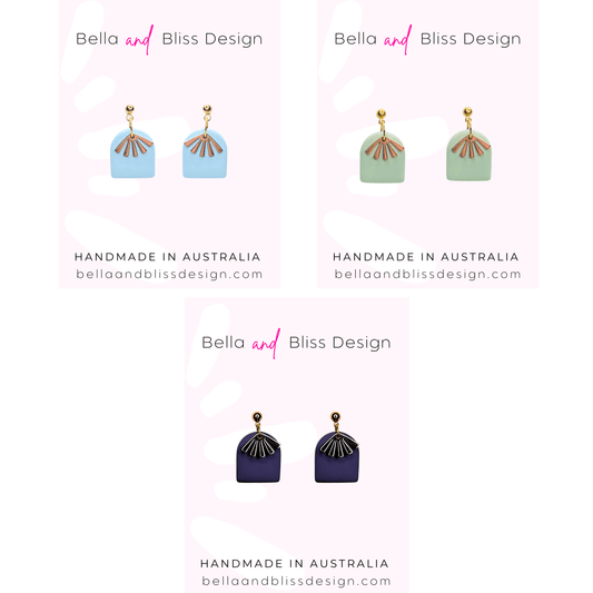 Earrings from Bella and Bliss Design on a white background with brand name and website displayed.