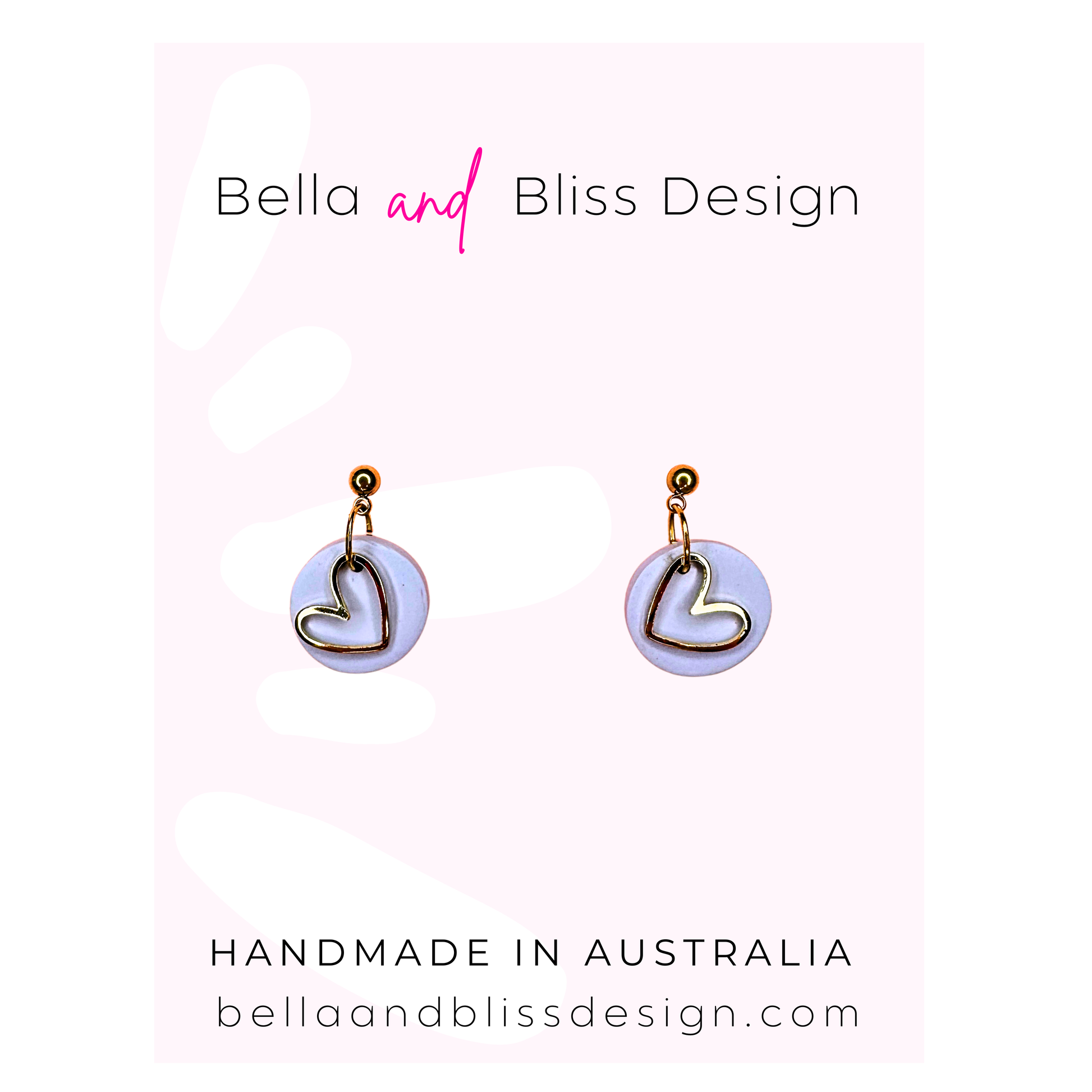 Heart-shaped earrings on a pink gradient background with 'Bella and Bliss Design' branding.