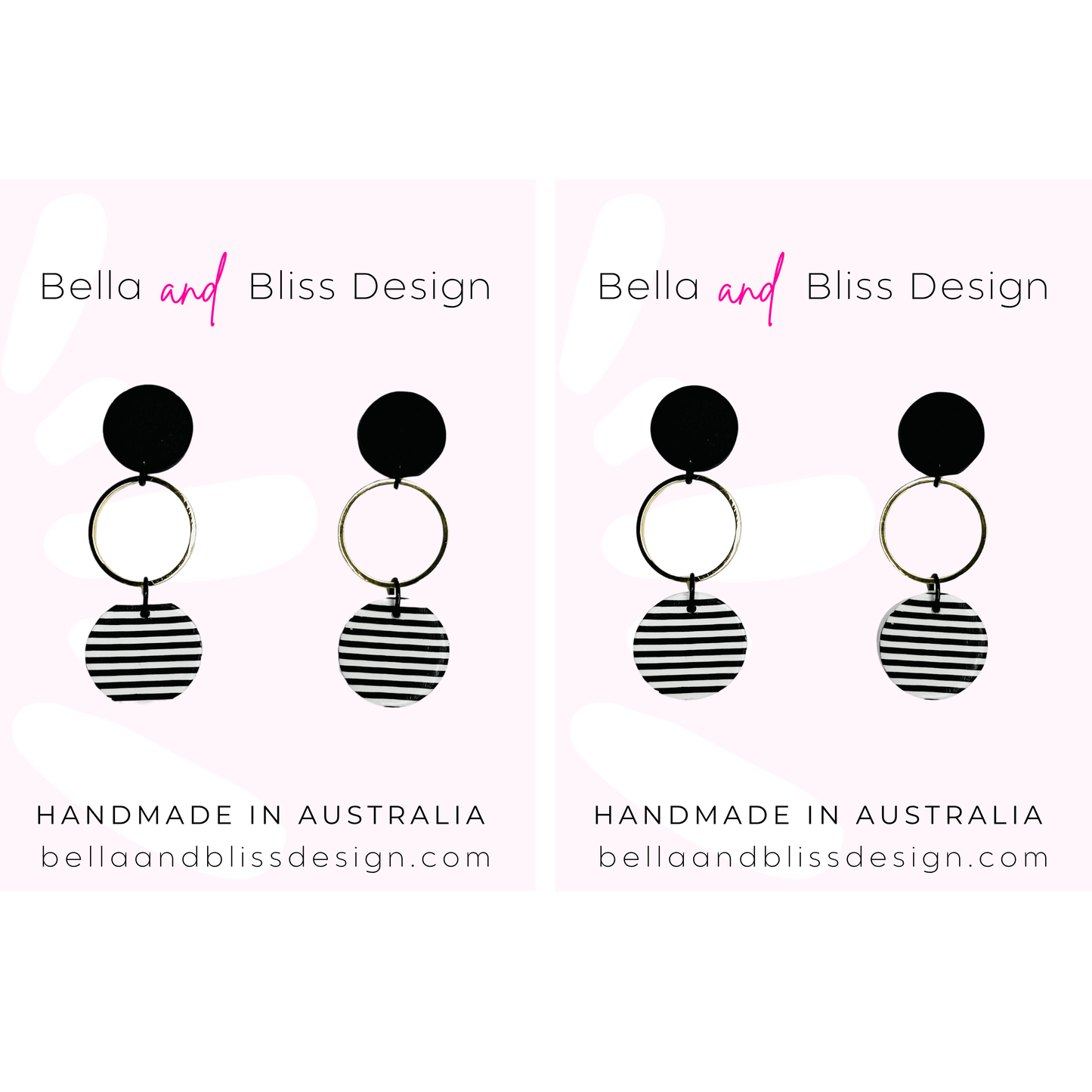 Black and white striped earrings with 'Bella and Bliss Design' branding on a white background.