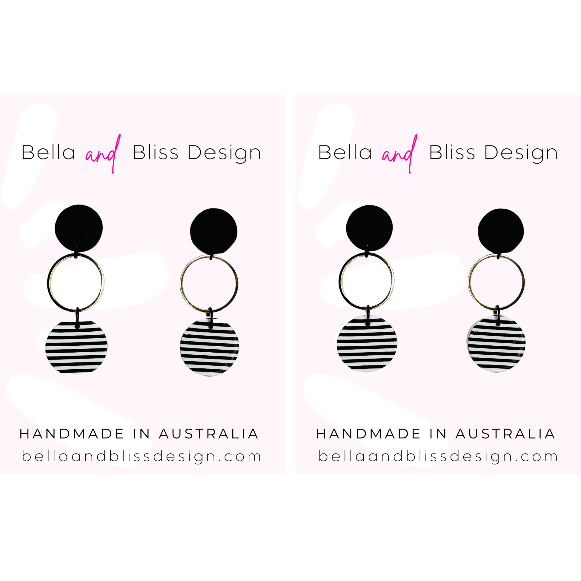 Black and white striped earrings with 'Bella and Bliss Design' branding on a white background.