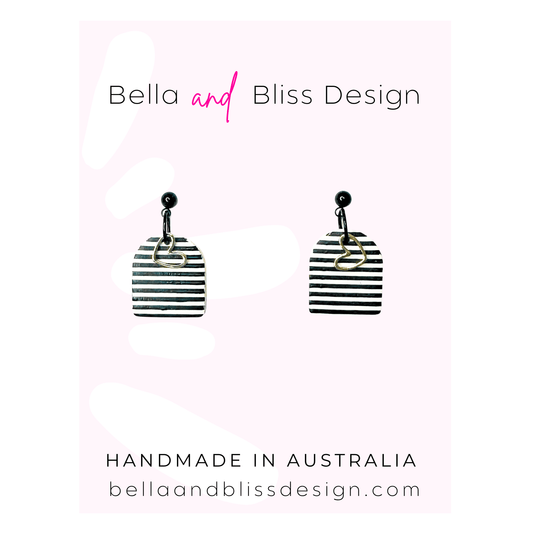 Striped earrings with 'Bella and Bliss Design' branding on a gradient background