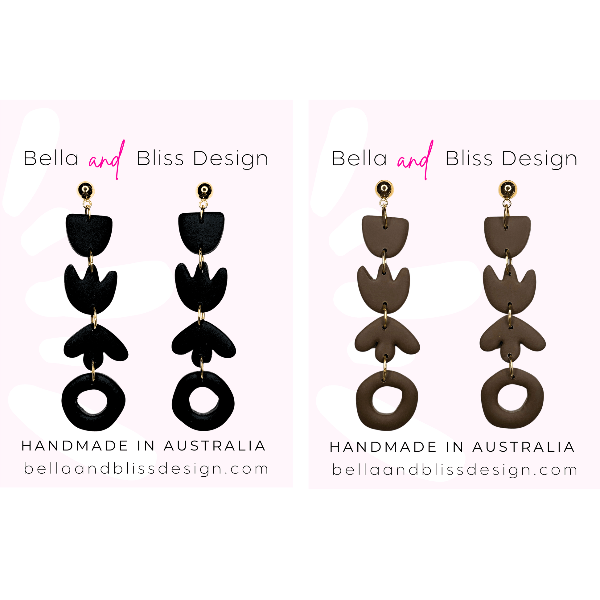 Pair of black and brown earrings with 'Bella and Bliss Design' branding on a white background.