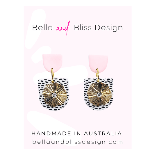 Earrings on a pink card with 'Bella and Bliss Design' branding and 'Handmade in Australia' text.