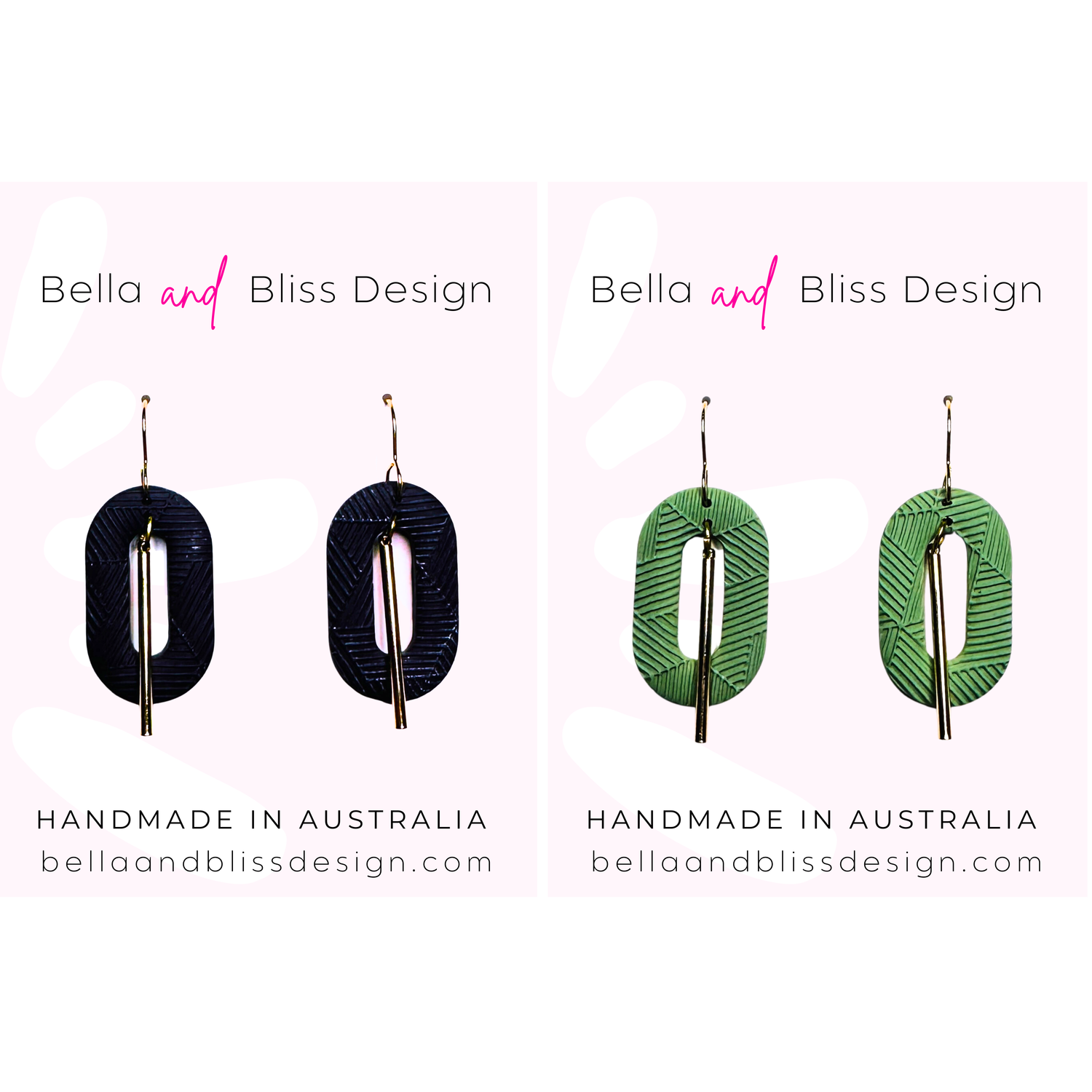 green and purple earrings on a pink background with 'Bella and Bliss Design' branding.