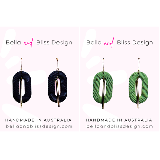 green and purple earrings on a pink background with 'Bella and Bliss Design' branding.