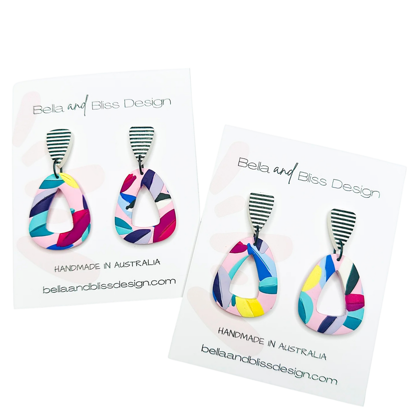 Colourful earrings with 'Bella and Bliss Design' branding on a light pink background.
