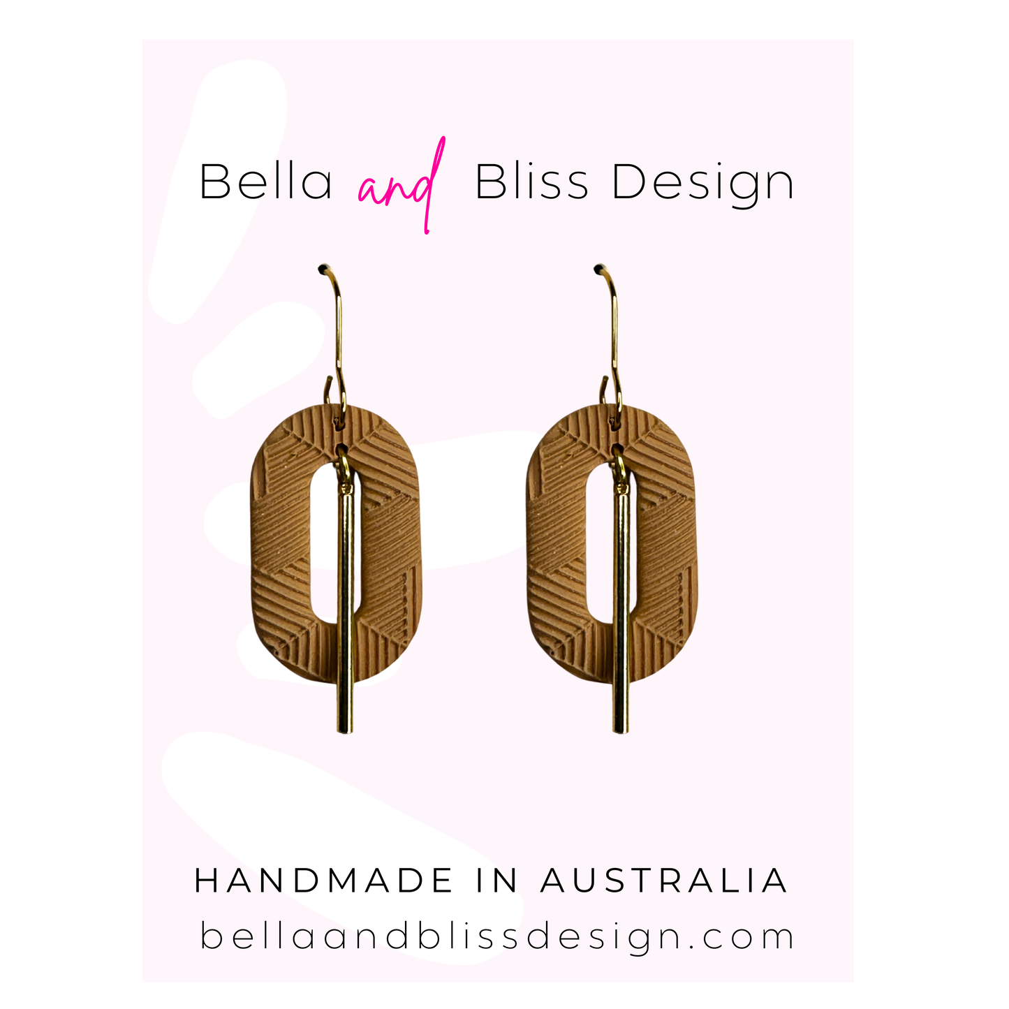 earrings with gold accents on a pink gradient background with Bella and Bliss Design branding.