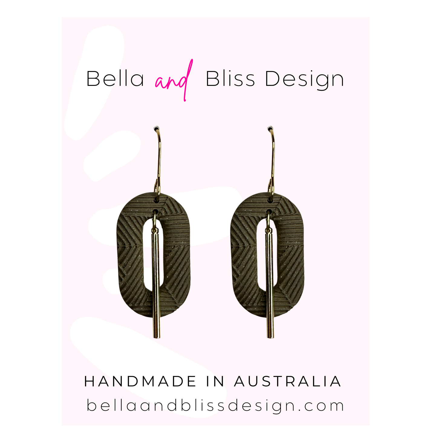 Pair of earrings with 'Bella and Bliss Design' branding on a pink gradient background.