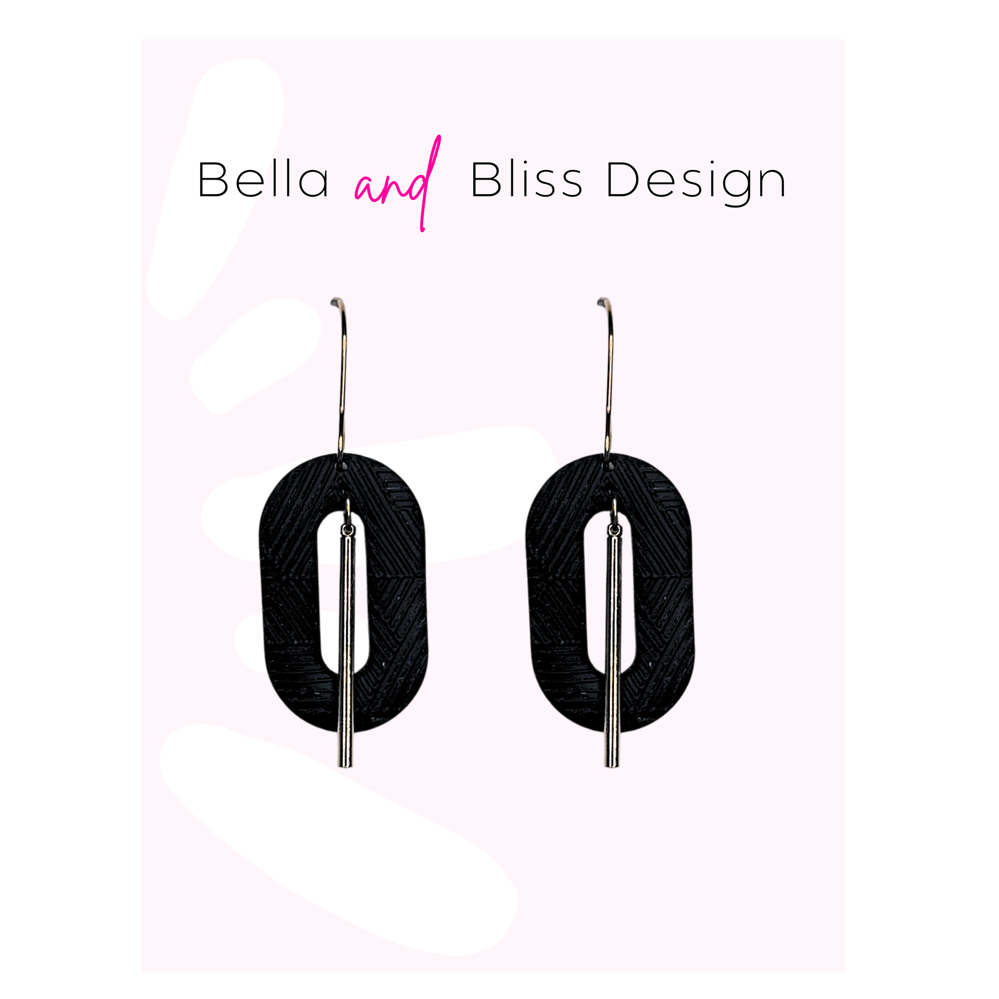 Black earrings with silver bars on a gradient pink and white background, featuring 'Bella and Bliss Design'.