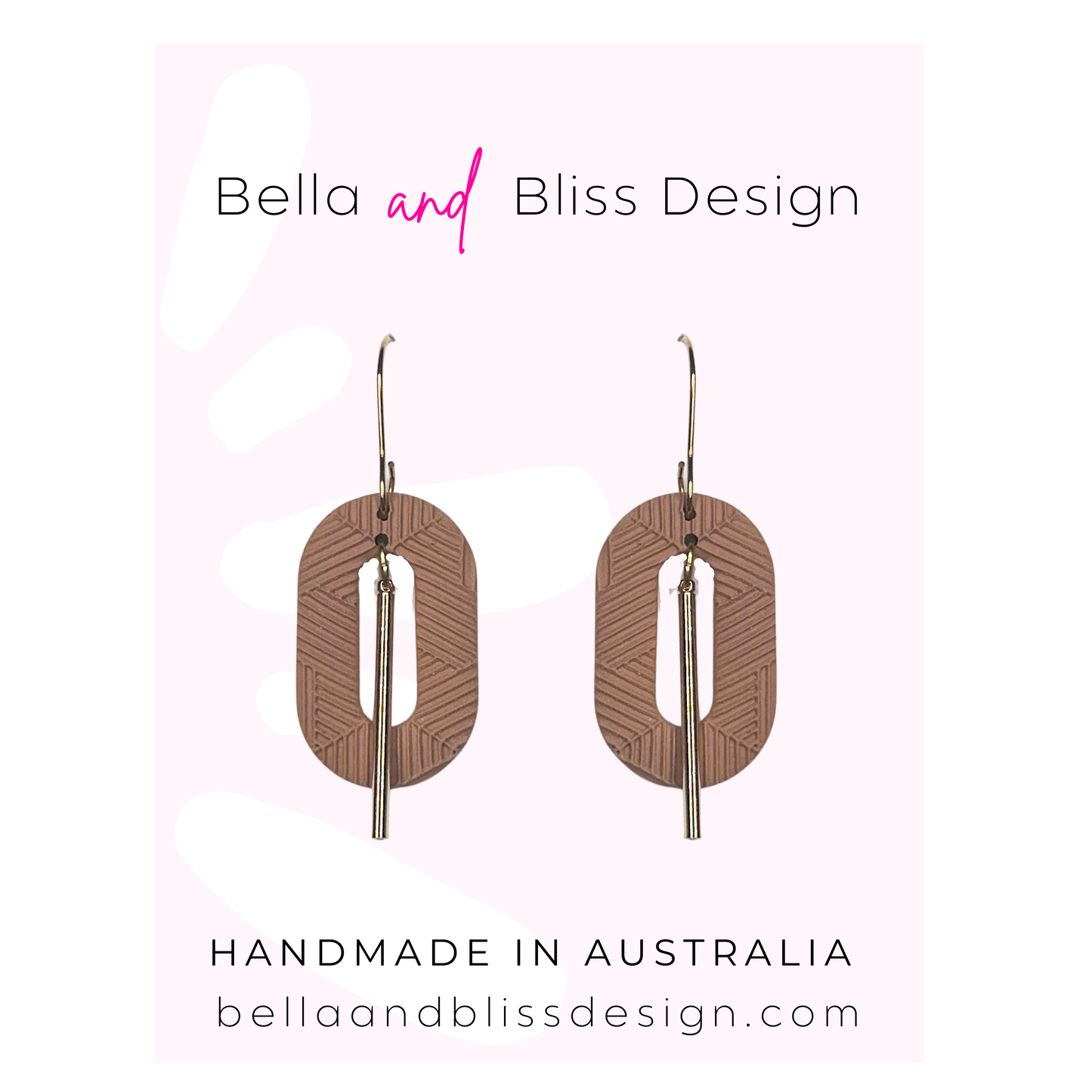 Earrings with colorful design on a white background, featuring 'Bella and Bliss Design' branding.