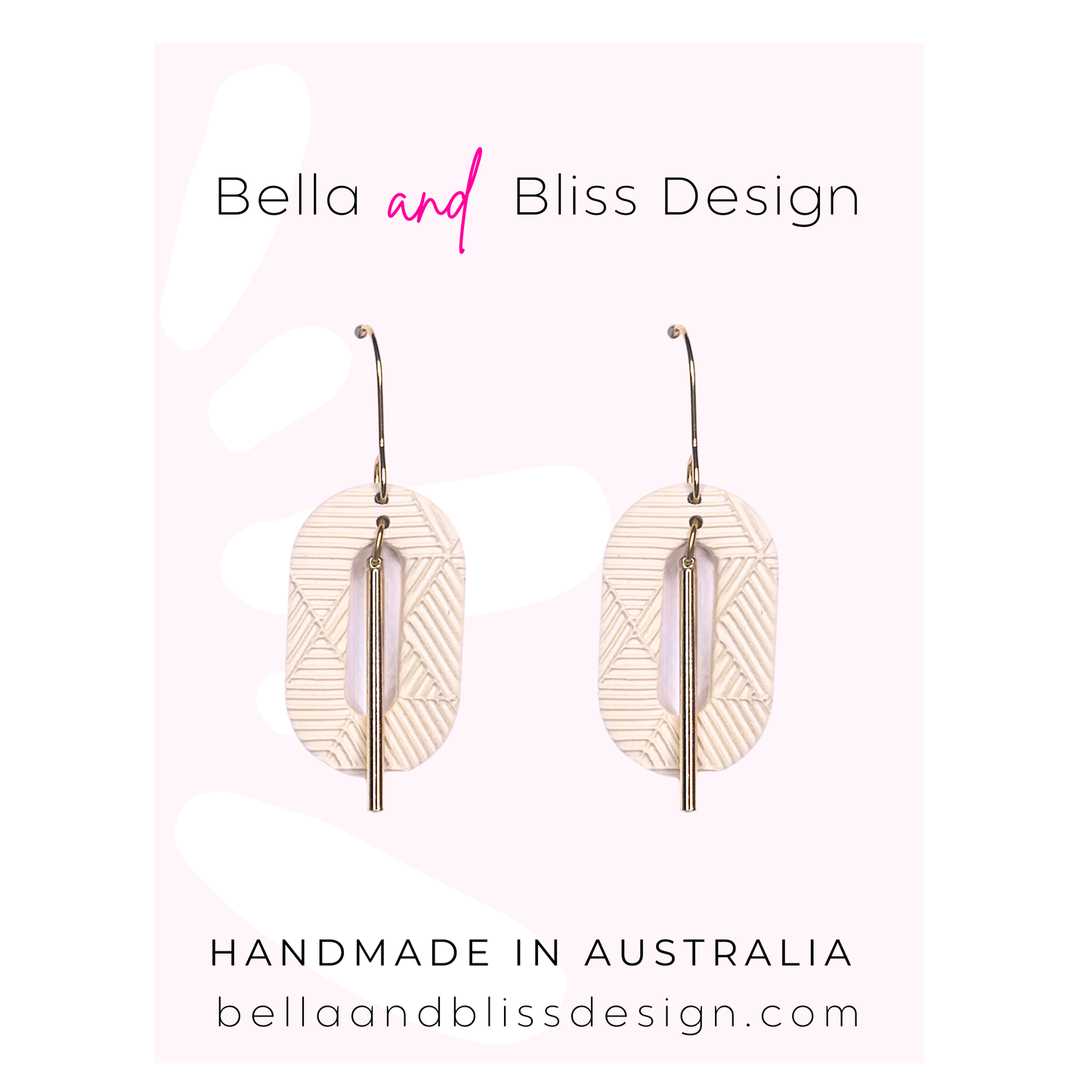 Earrings with geometric design on a pink gradient background, featuring 'Bella and Bliss Design'.