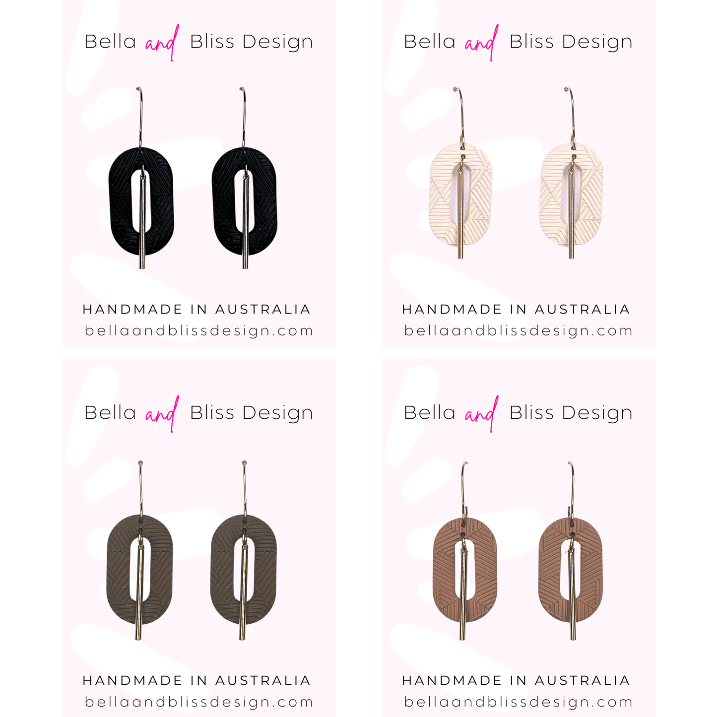 Four pairs of earrings with different color options on a white background, branded as Bella and Bliss Design.