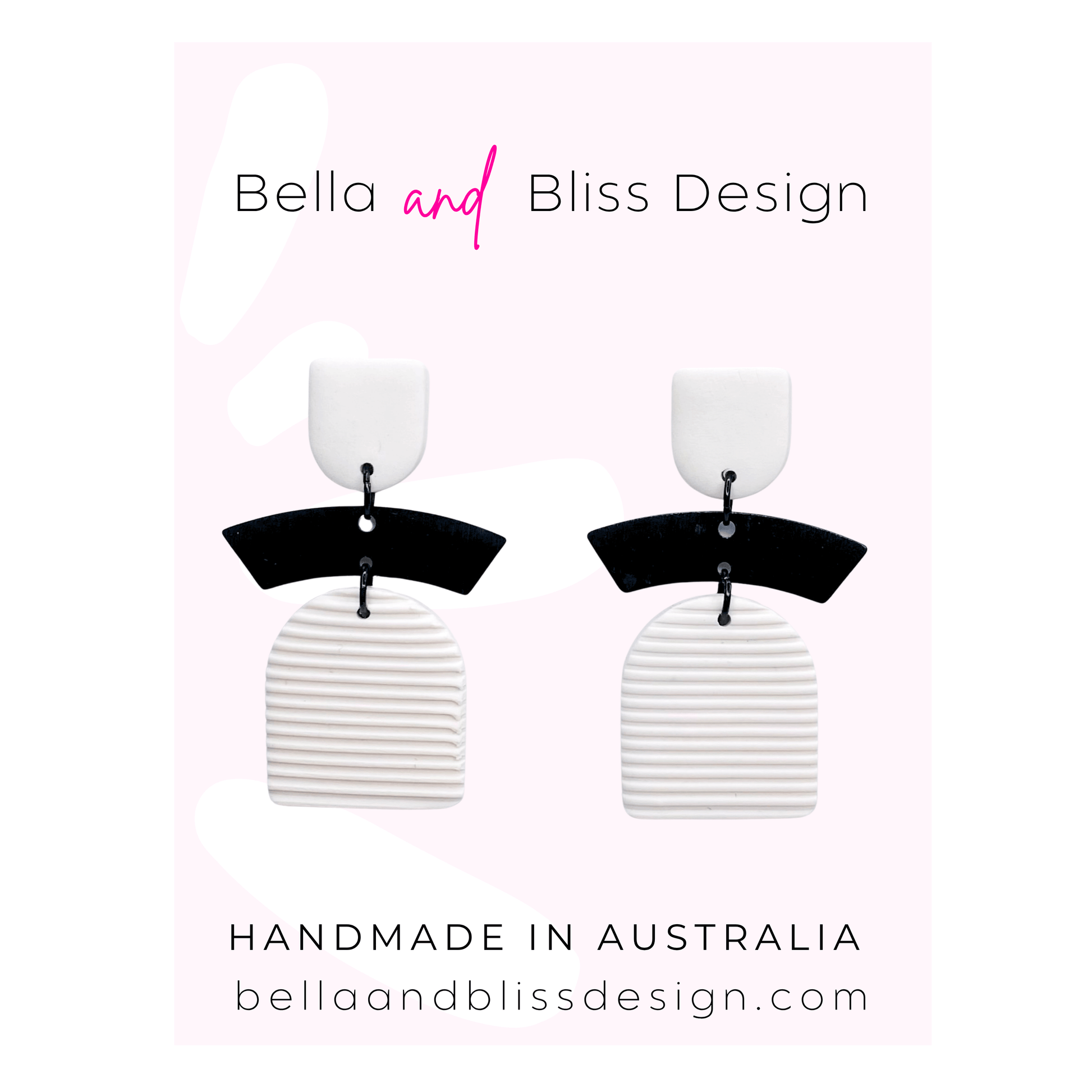 Black and white earrings with 'Bella and Bliss Design' branding on a light pink background.
