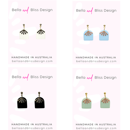 Earrings from Bella and Bliss Design with brand name and 'Handmade in Australia' text on a white background.