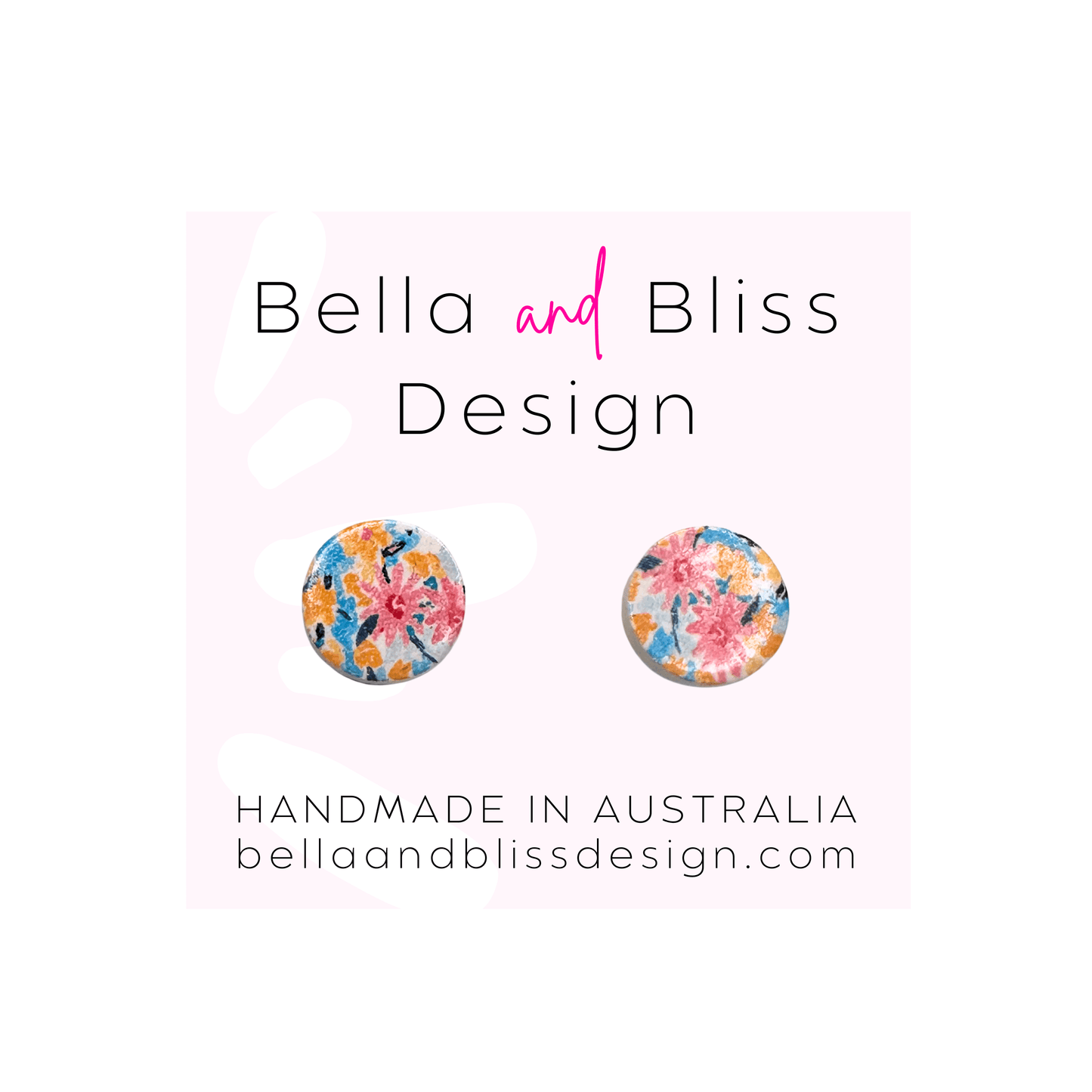 Floral earrings on a card with 'Bella and Bliss Design' branding.