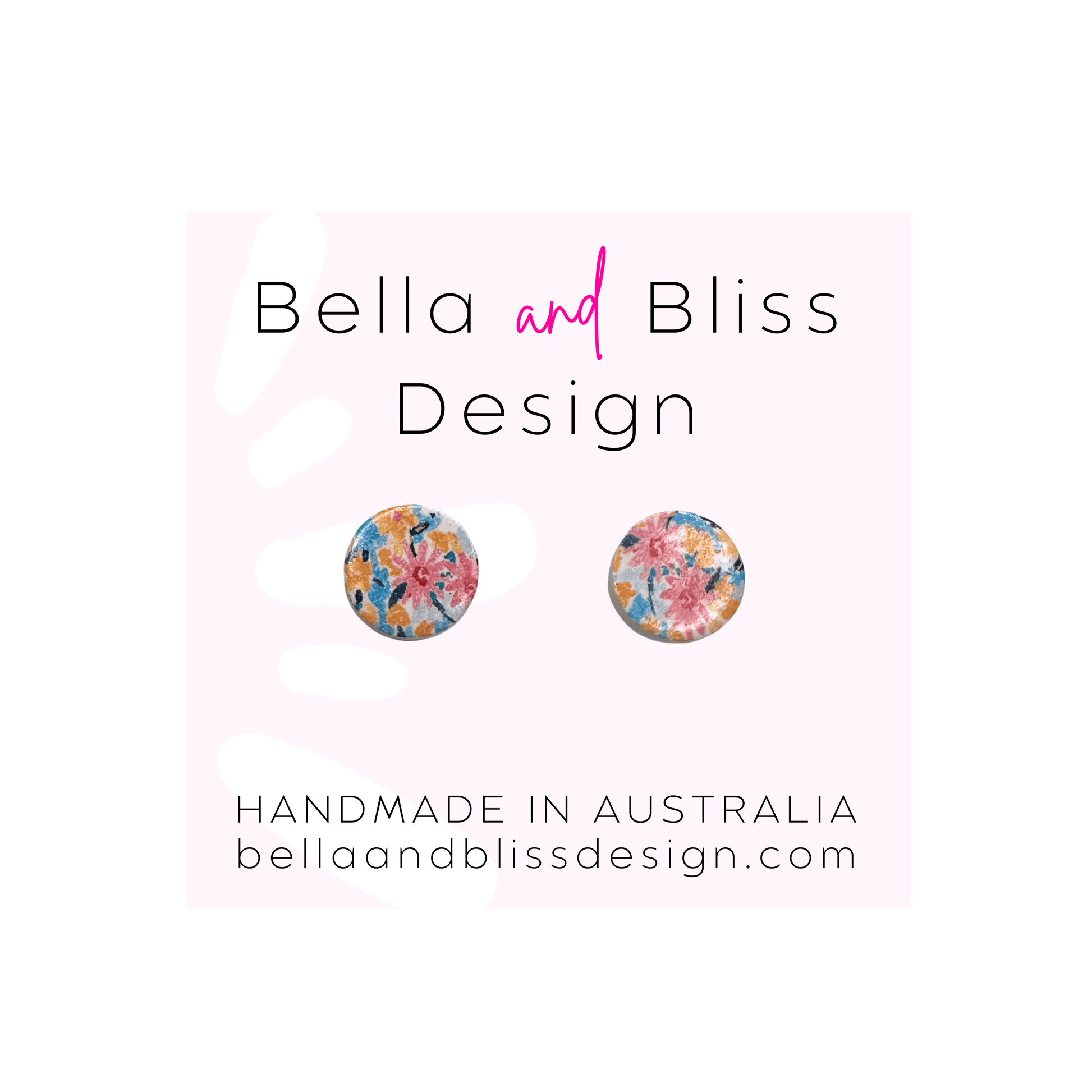Floral earrings with 'Bella and Bliss Design' branding on a light pink background