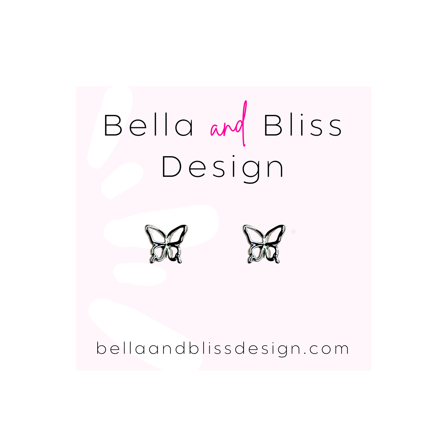 Butterfly earrings on a gradient pink and white background with 'Bella and Bliss Design' text.